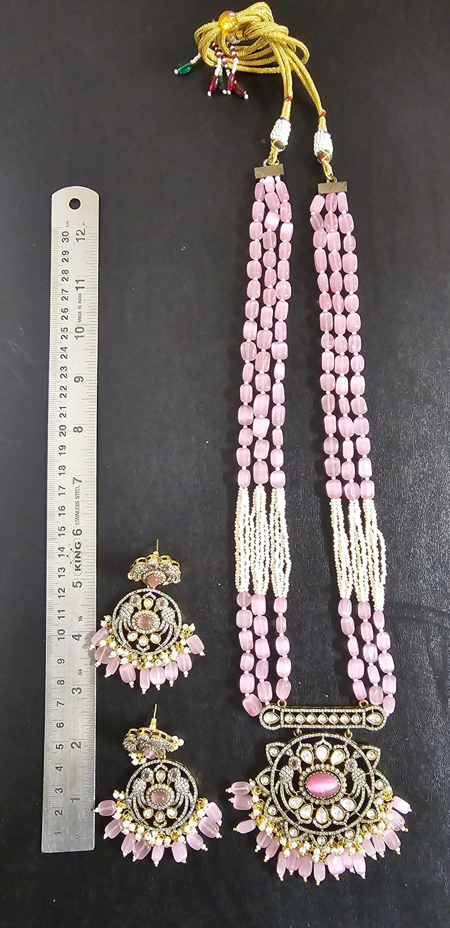 Premium Quality Triple layer Victorian pendent with Monalisa bead long mala with Beautiful Victorian Earrings