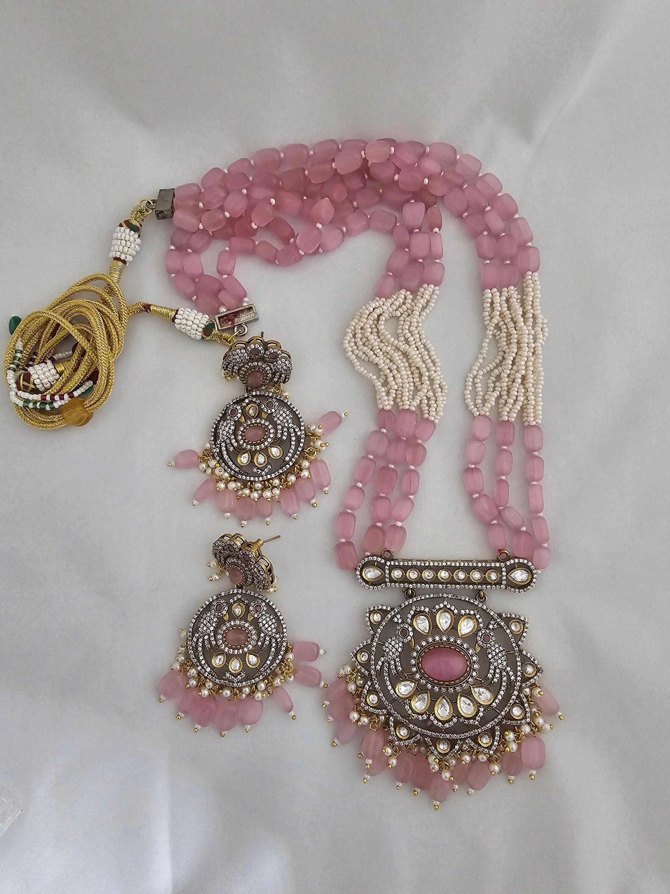 Premium Quality Triple layer Victorian pendent with Monalisa bead long mala with Beautiful Victorian Earrings