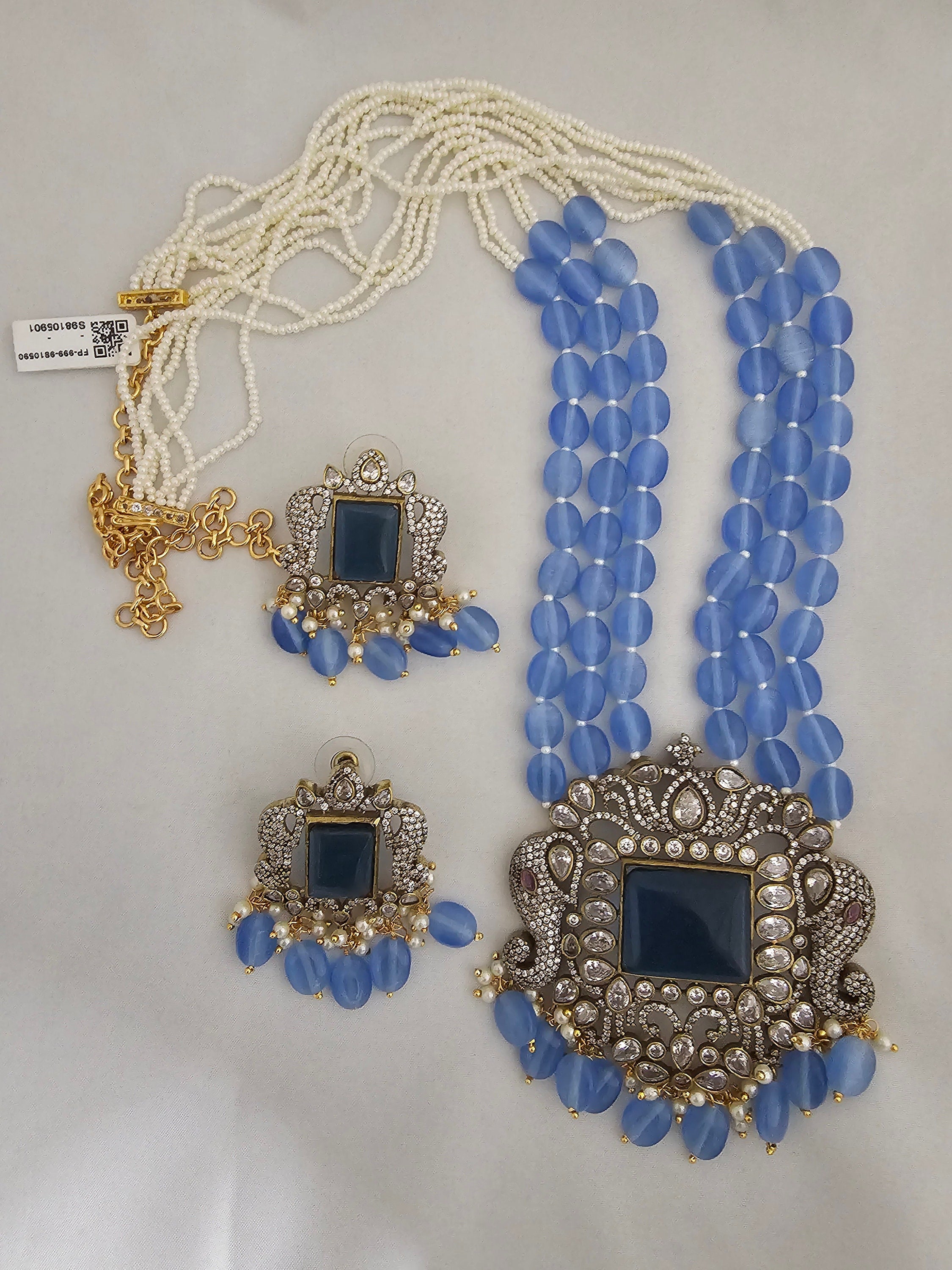 Premium Quality Triple layer Victorian pendent with Monalisa bead long mala with Beautiful Victorian Earrings