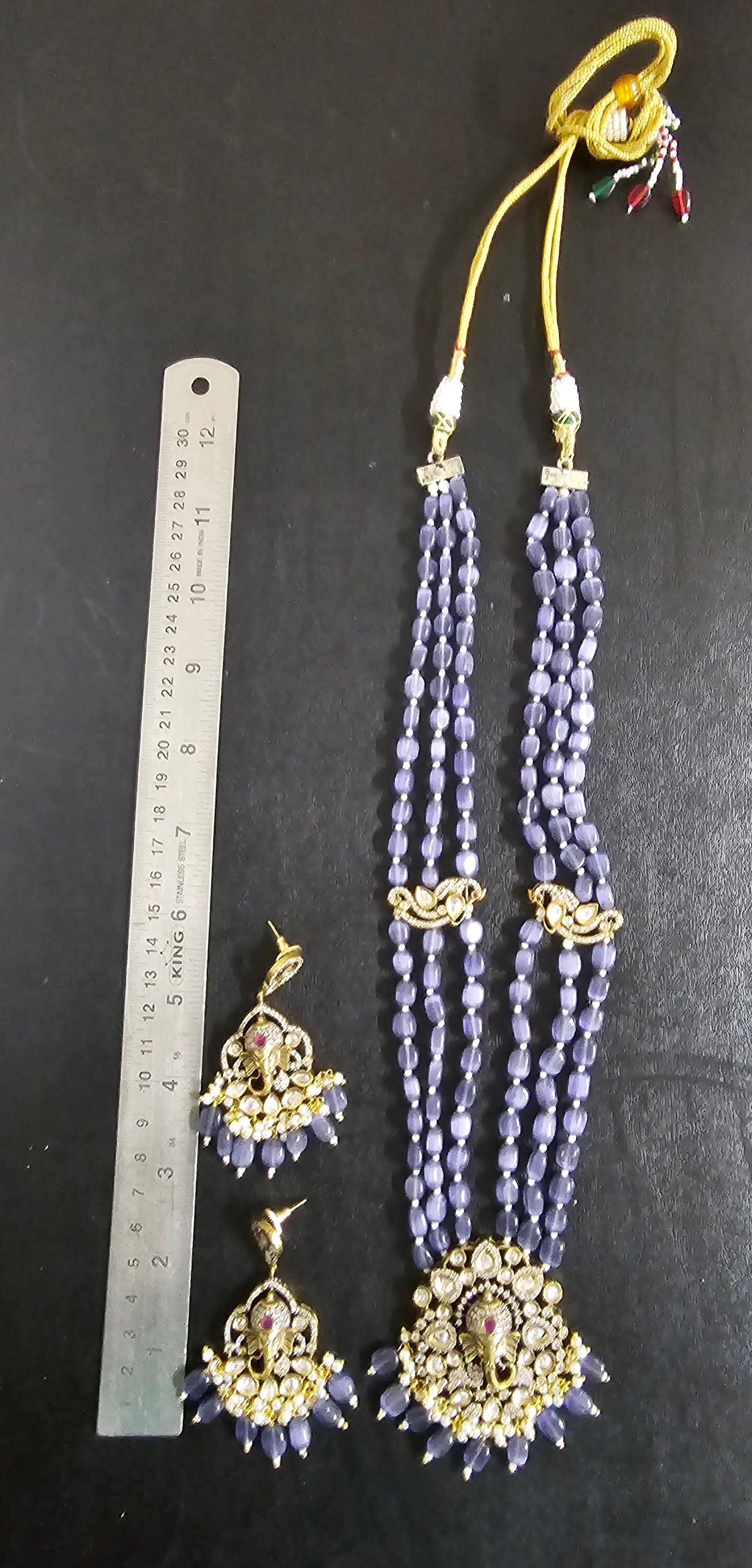 Ganesa Premium Quality Triple layer Victorian pendent with strawberry bead long mala with Beautiful Victorian Earrings