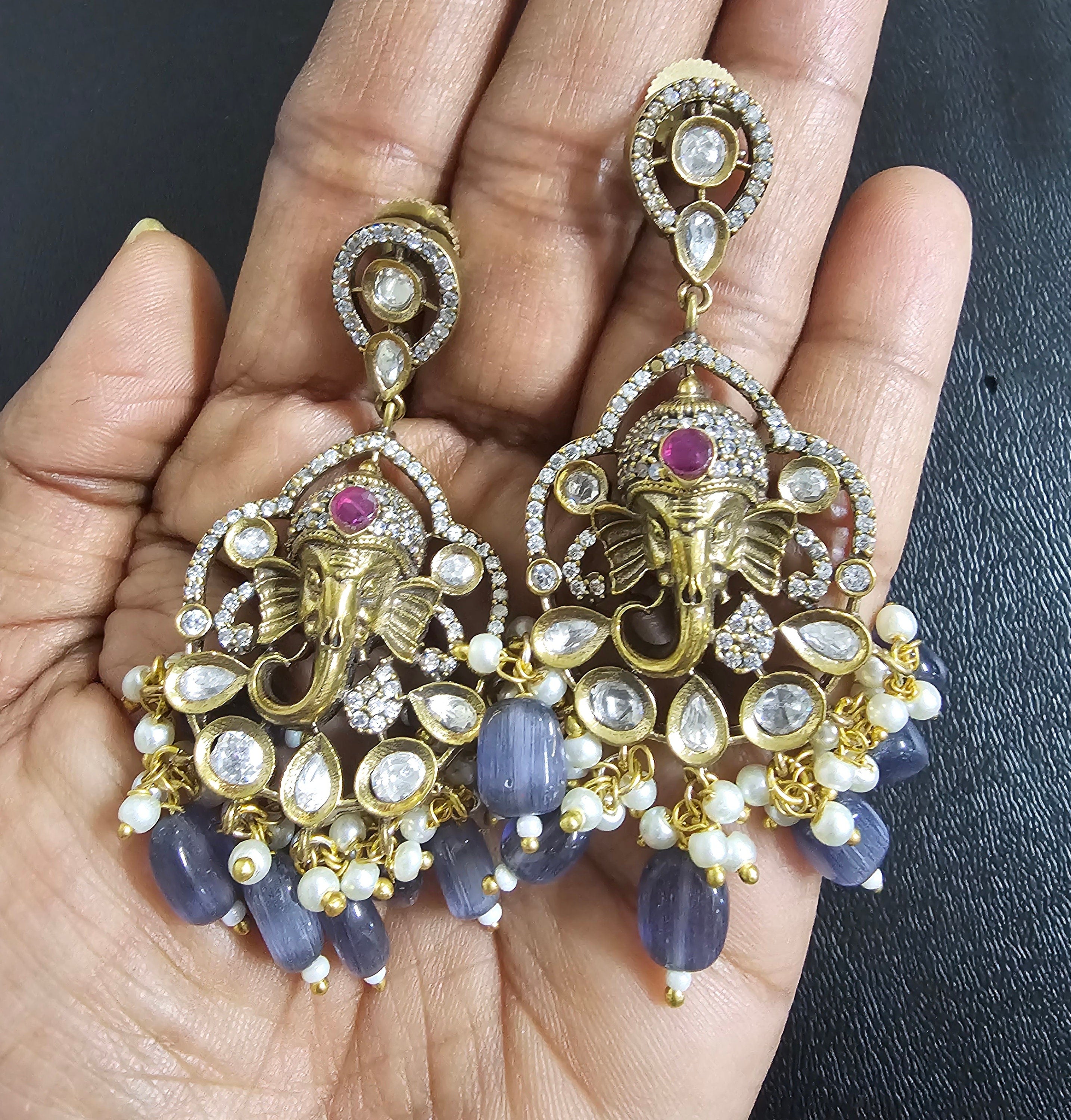 Ganesa Premium Quality Triple layer Victorian pendent with strawberry bead long mala with Beautiful Victorian Earrings