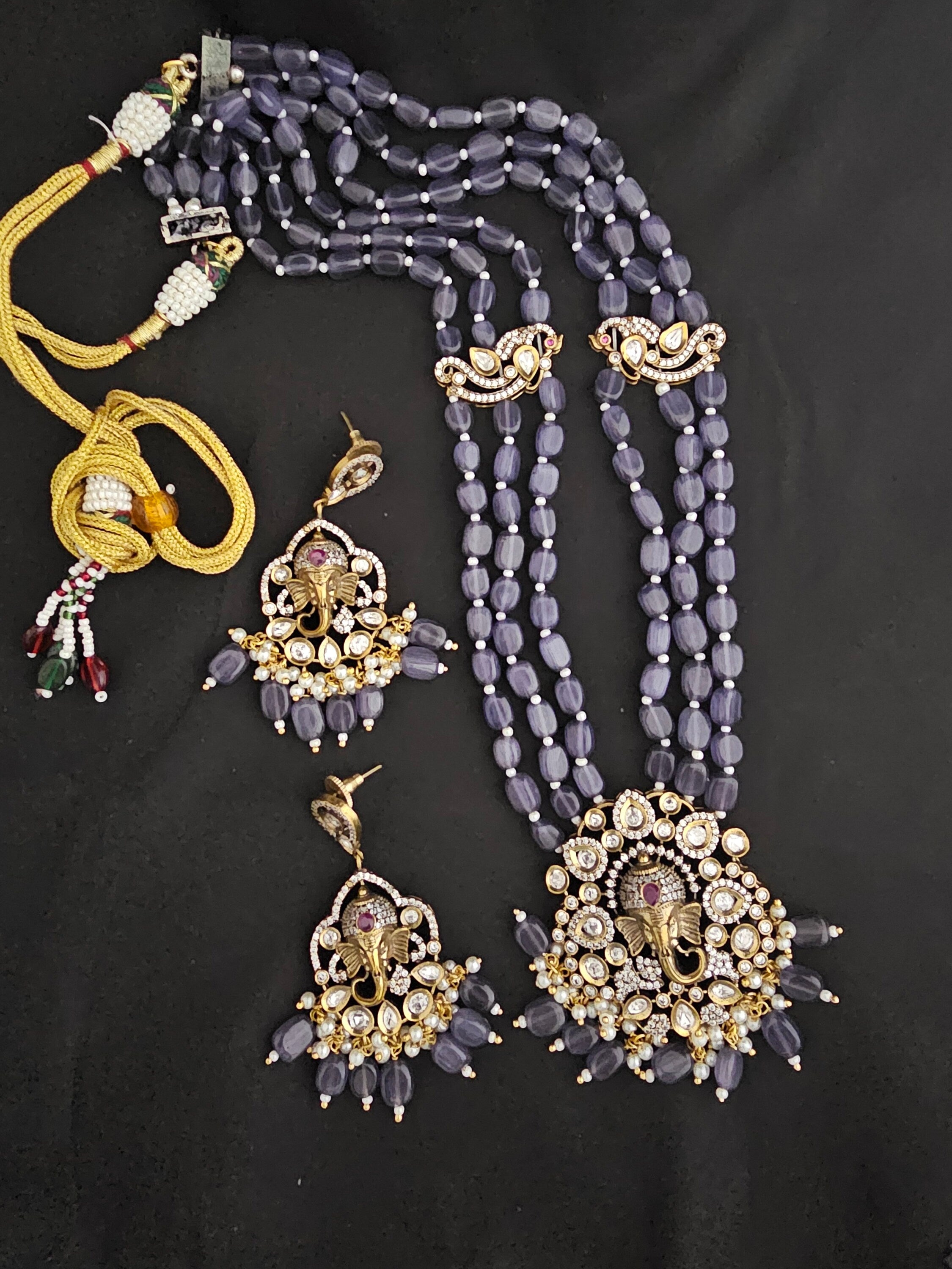 Ganesa Premium Quality Triple layer Victorian pendent with strawberry bead long mala with Beautiful Victorian Earrings