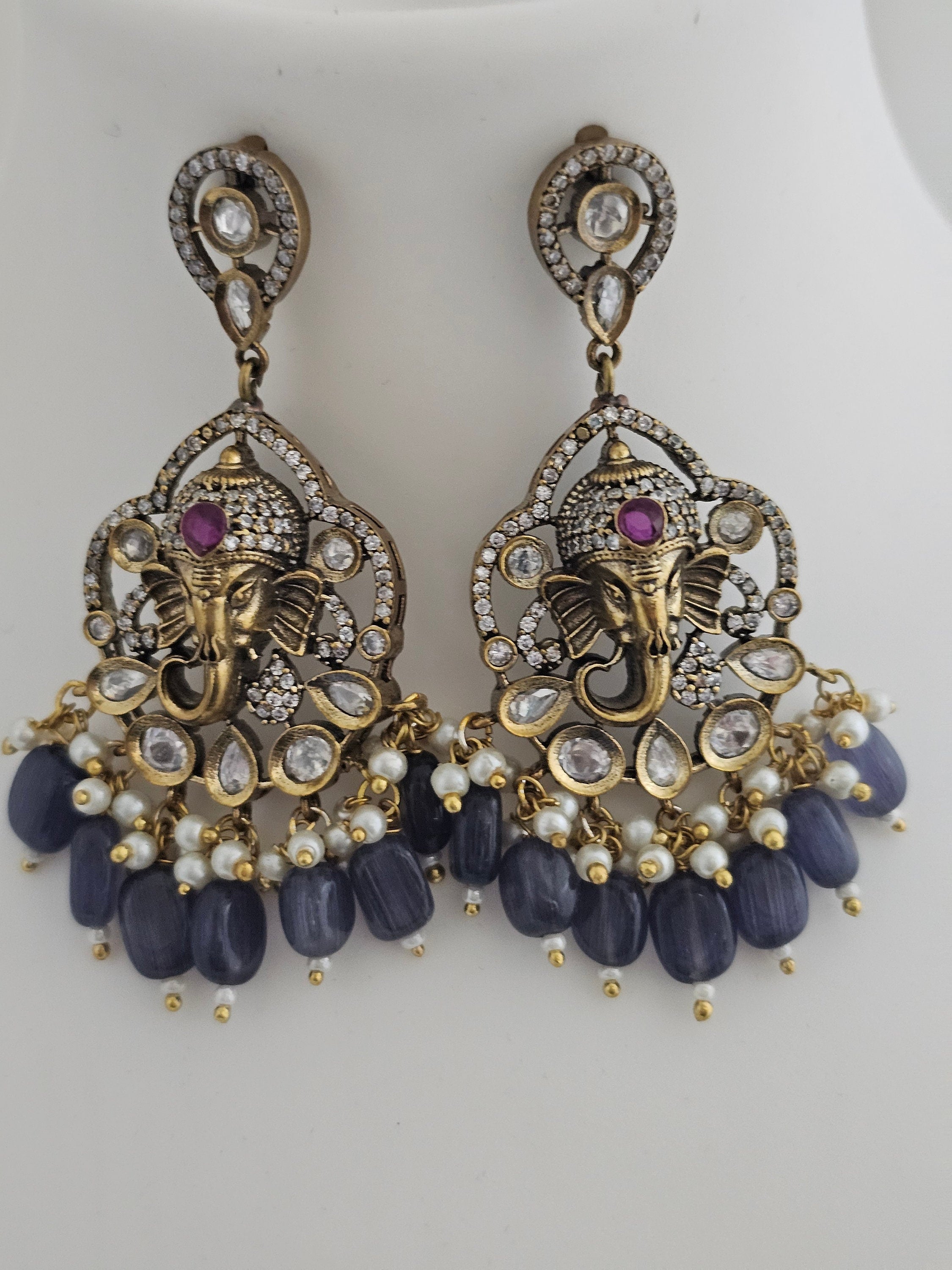 Ganesa Premium Quality Triple layer Victorian pendent with strawberry bead long mala with Beautiful Victorian Earrings