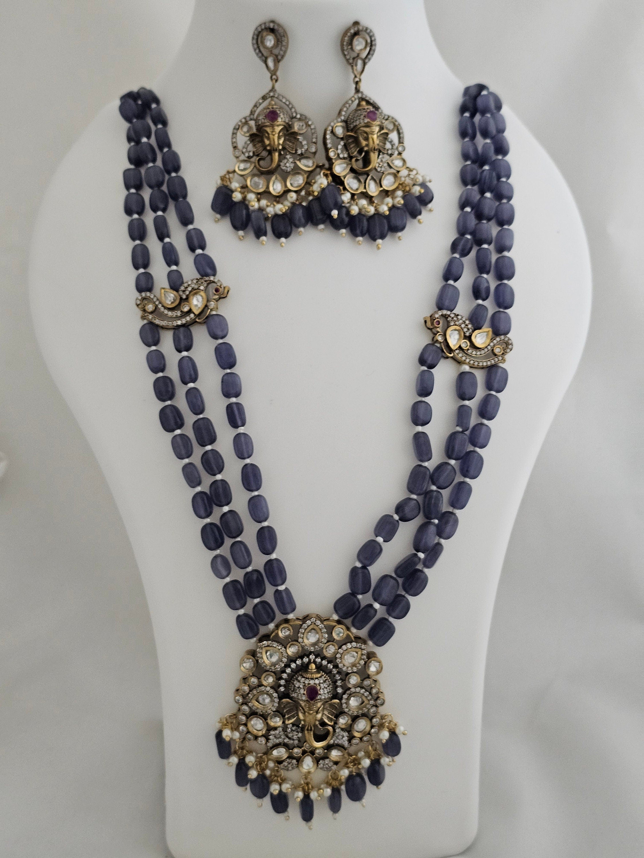 Ganesa Premium Quality Triple layer Victorian pendent with strawberry bead long mala with Beautiful Victorian Earrings