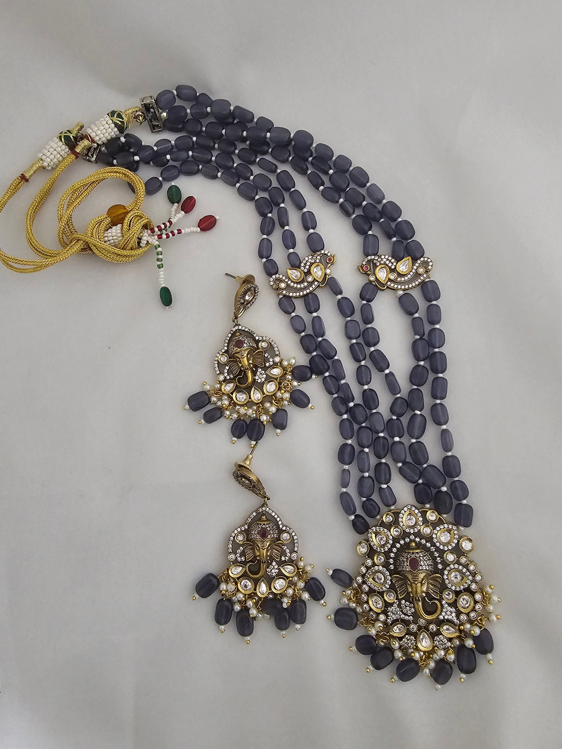 Ganesa Premium Quality Triple layer Victorian pendent with strawberry bead long mala with Beautiful Victorian Earrings