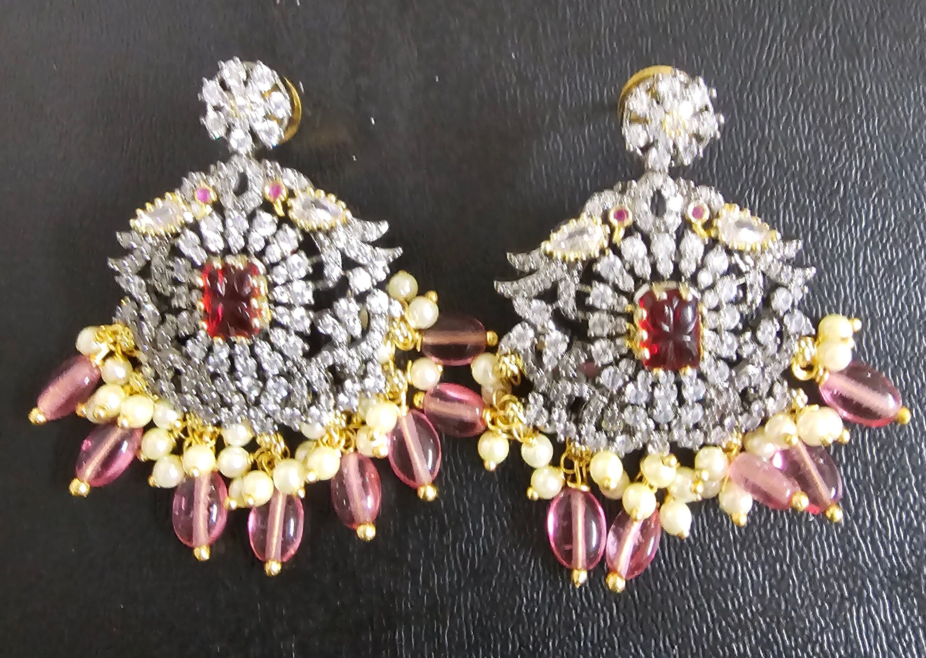 Premium Quality Triple layer Victorian pendent with strawberry bead long mala with Beautiful Victorian Earrings