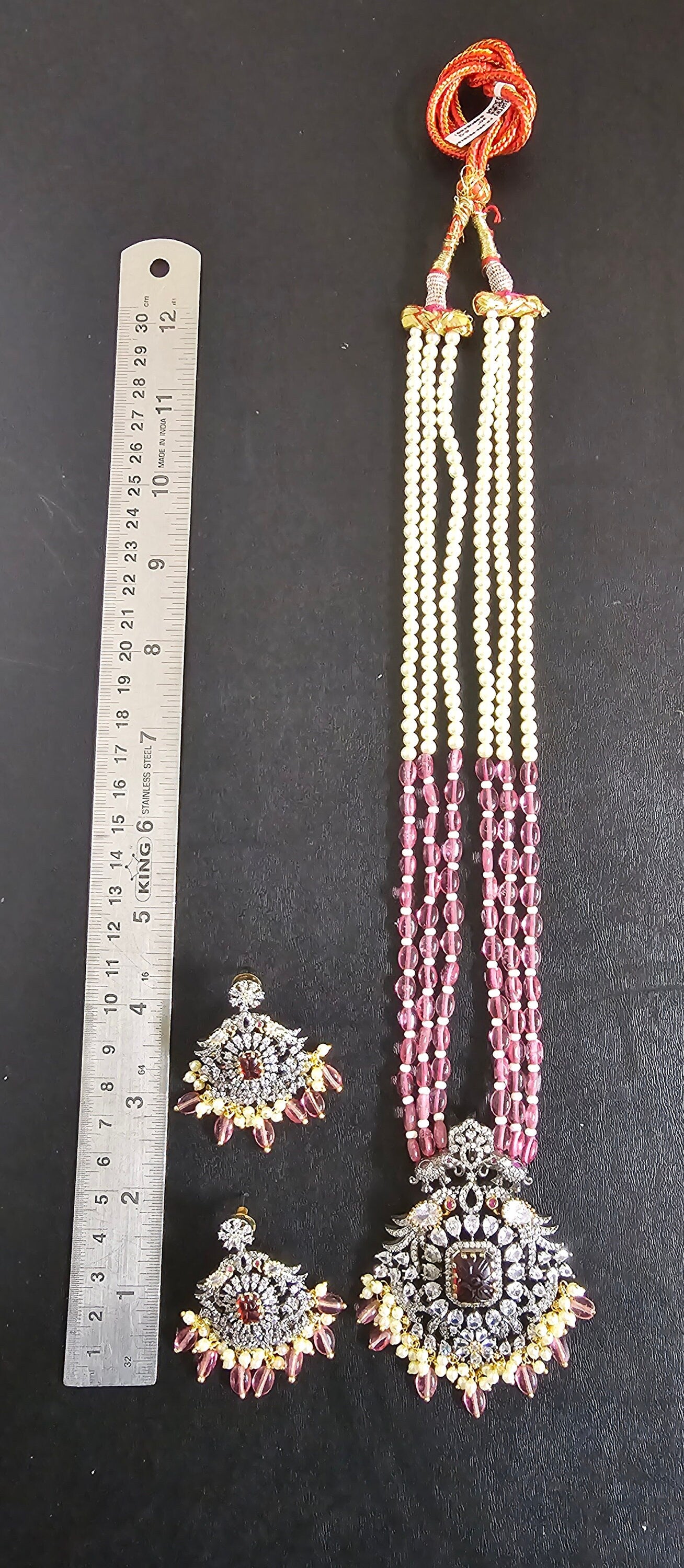 Premium Quality Triple layer Victorian pendent with strawberry bead long mala with Beautiful Victorian Earrings