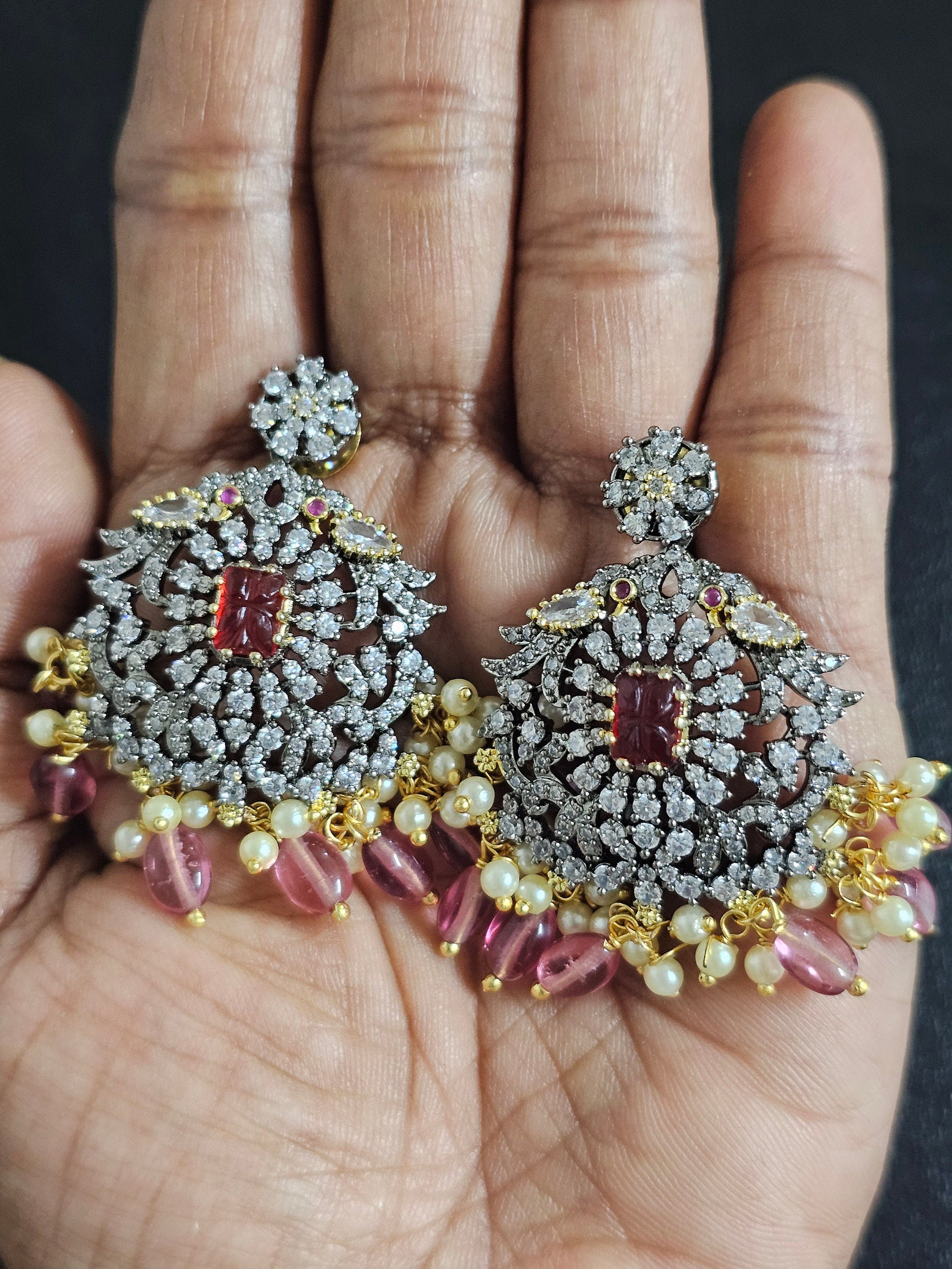 Premium Quality Triple layer Victorian pendent with strawberry bead long mala with Beautiful Victorian Earrings