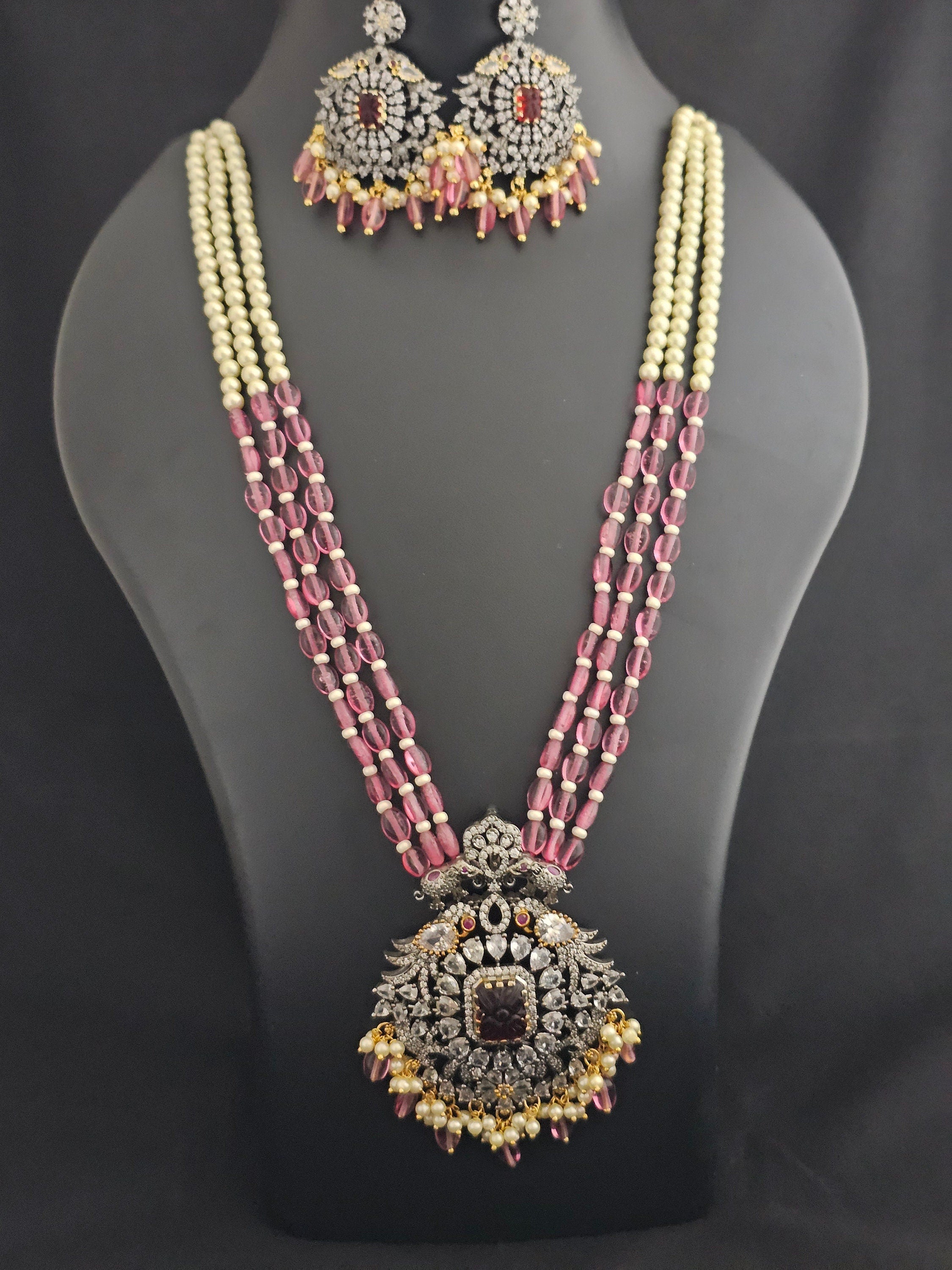 Premium Quality Triple layer Victorian pendent with strawberry bead long mala with Beautiful Victorian Earrings