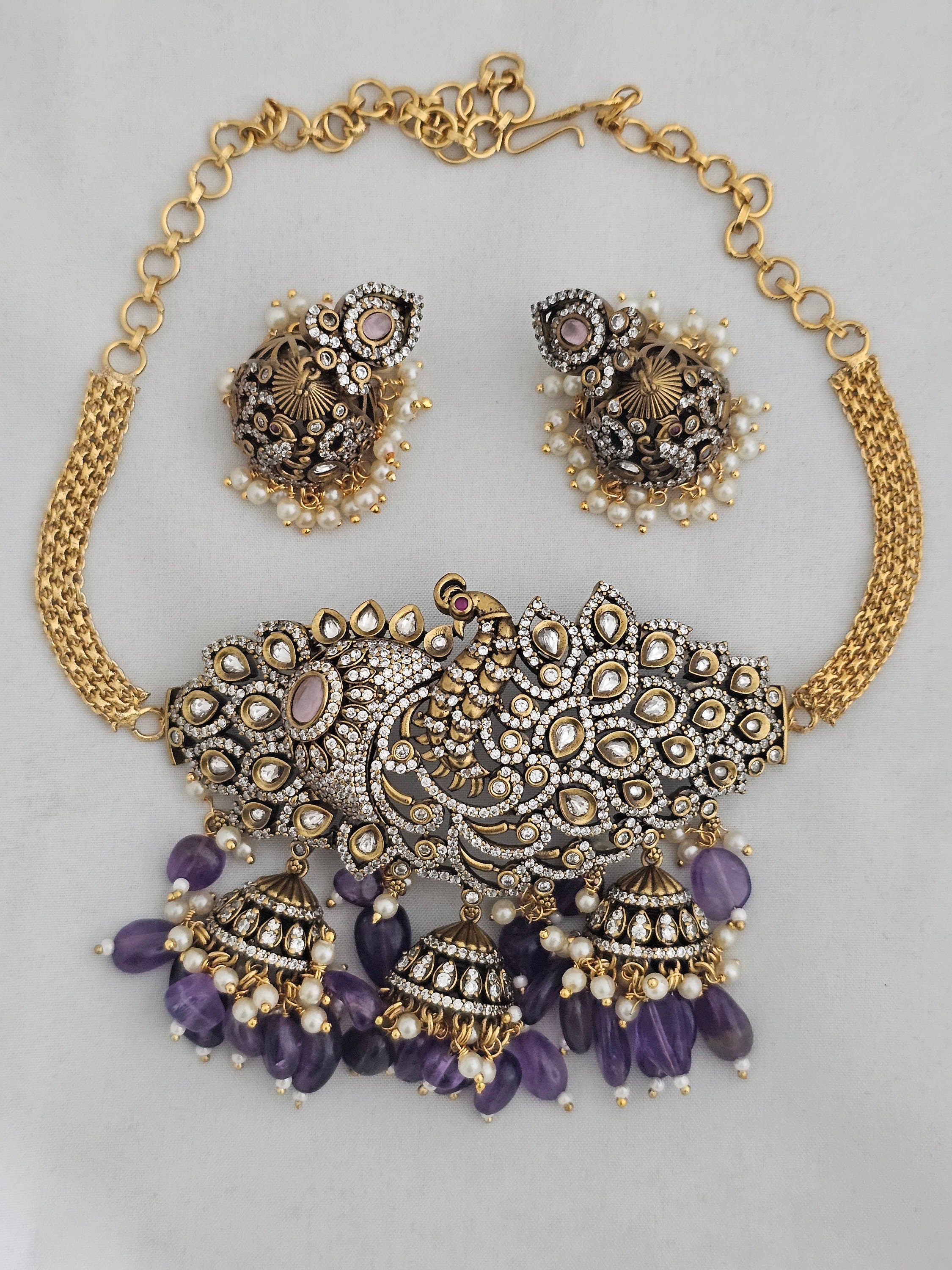 Peacock Premium Quality Gold polish Victorian Necklace with Beautiful Victorian matching Earrings