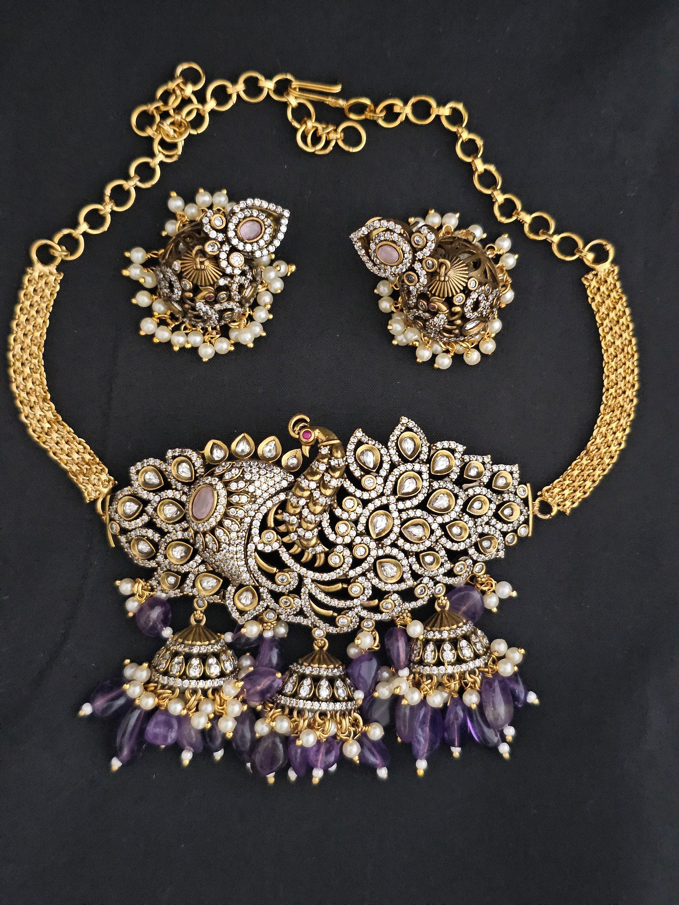 Peacock Premium Quality Gold polish Victorian Necklace with Beautiful Victorian matching Earrings