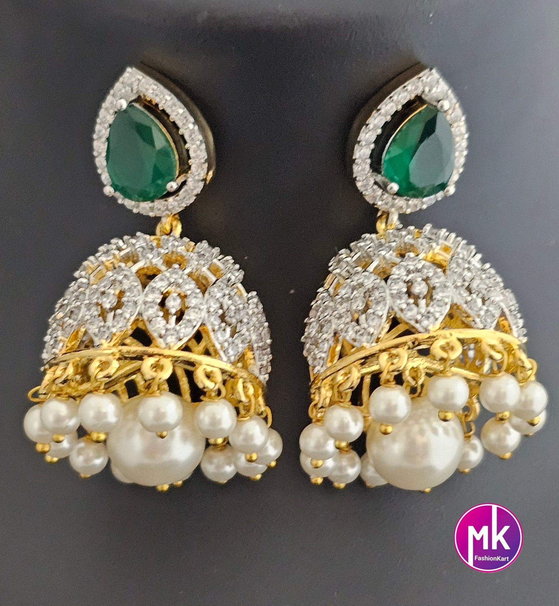 Premium Gold Finish Emerald Stone Bridal Beautiful Choker with pendent and matching Jhumkas - Gold Jewelry Replica