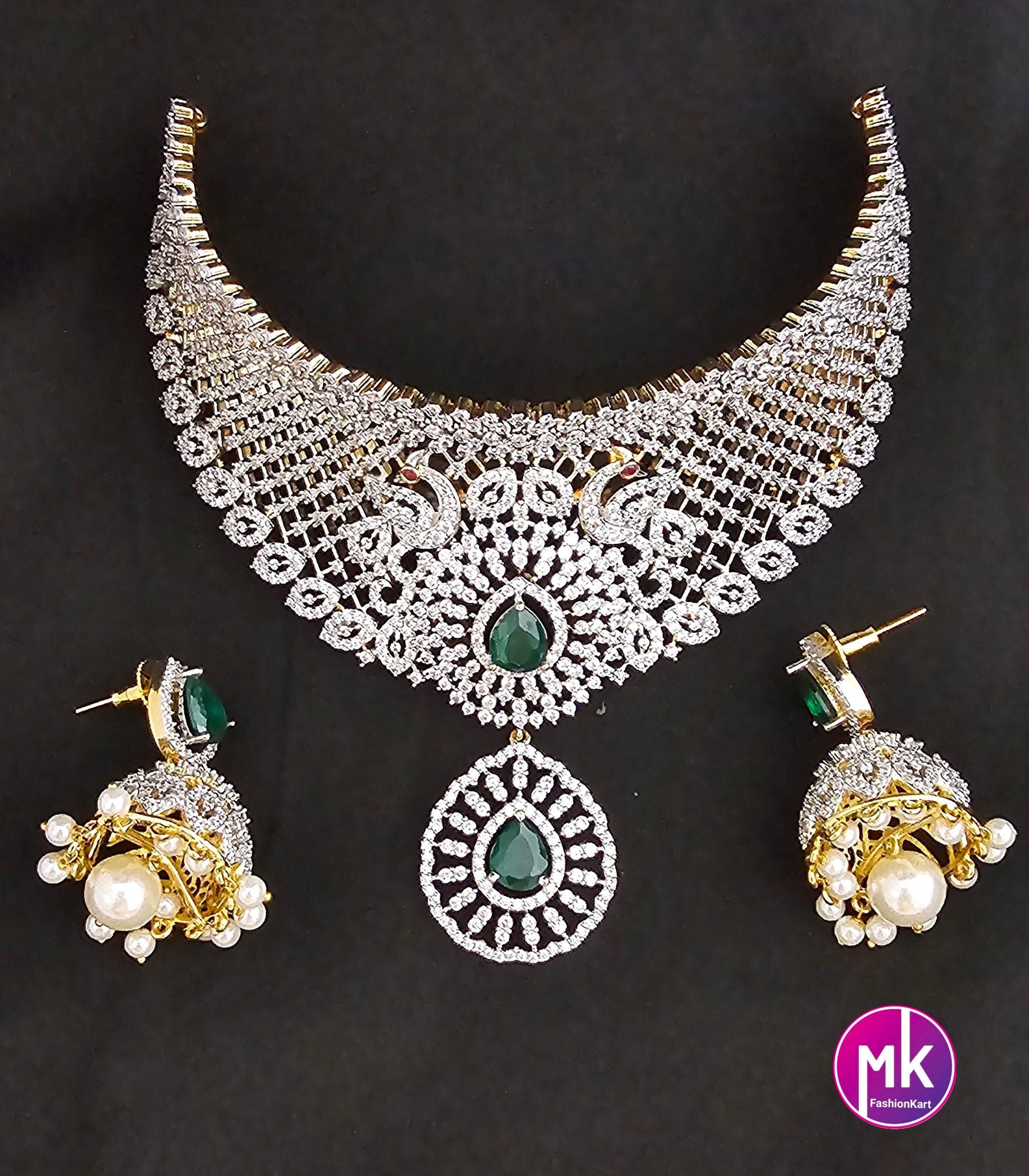 Premium Gold Finish Emerald Stone Bridal Beautiful Choker with pendent and matching Jhumkas - Gold Jewelry Replica