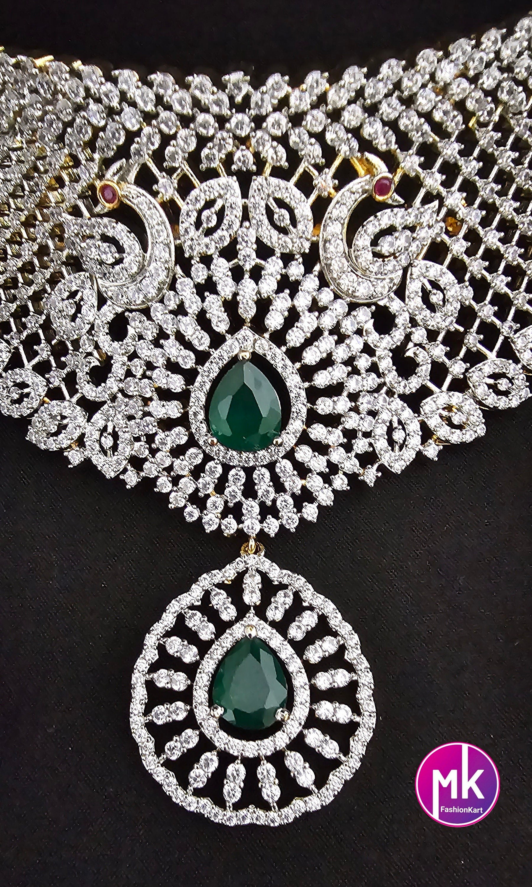 Premium Gold Finish Emerald Stone Bridal Beautiful Choker with pendent and matching Jhumkas - Gold Jewelry Replica