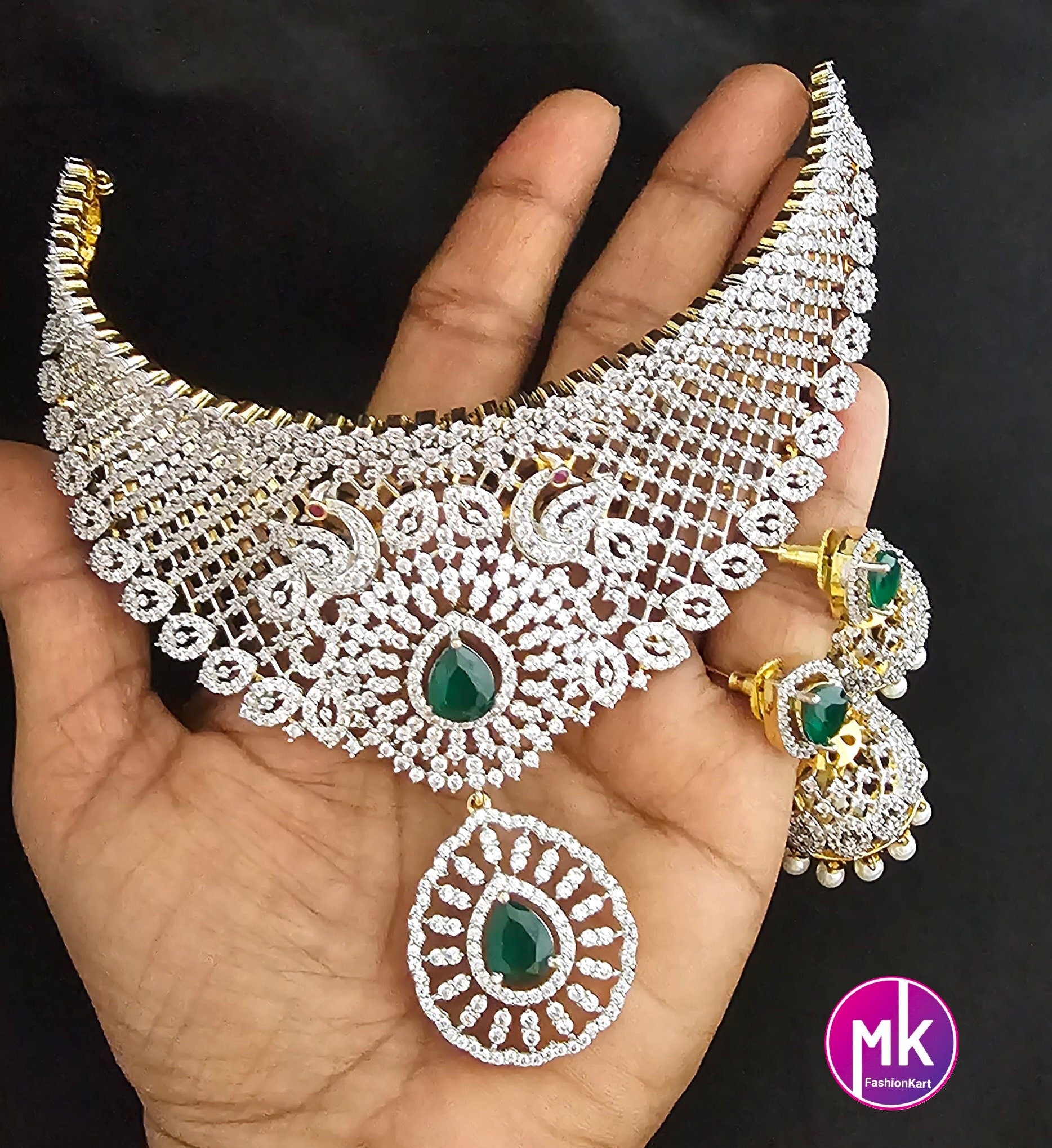 Premium Gold Finish Emerald Stone Bridal Beautiful Choker with pendent and matching Jhumkas - Gold Jewelry Replica