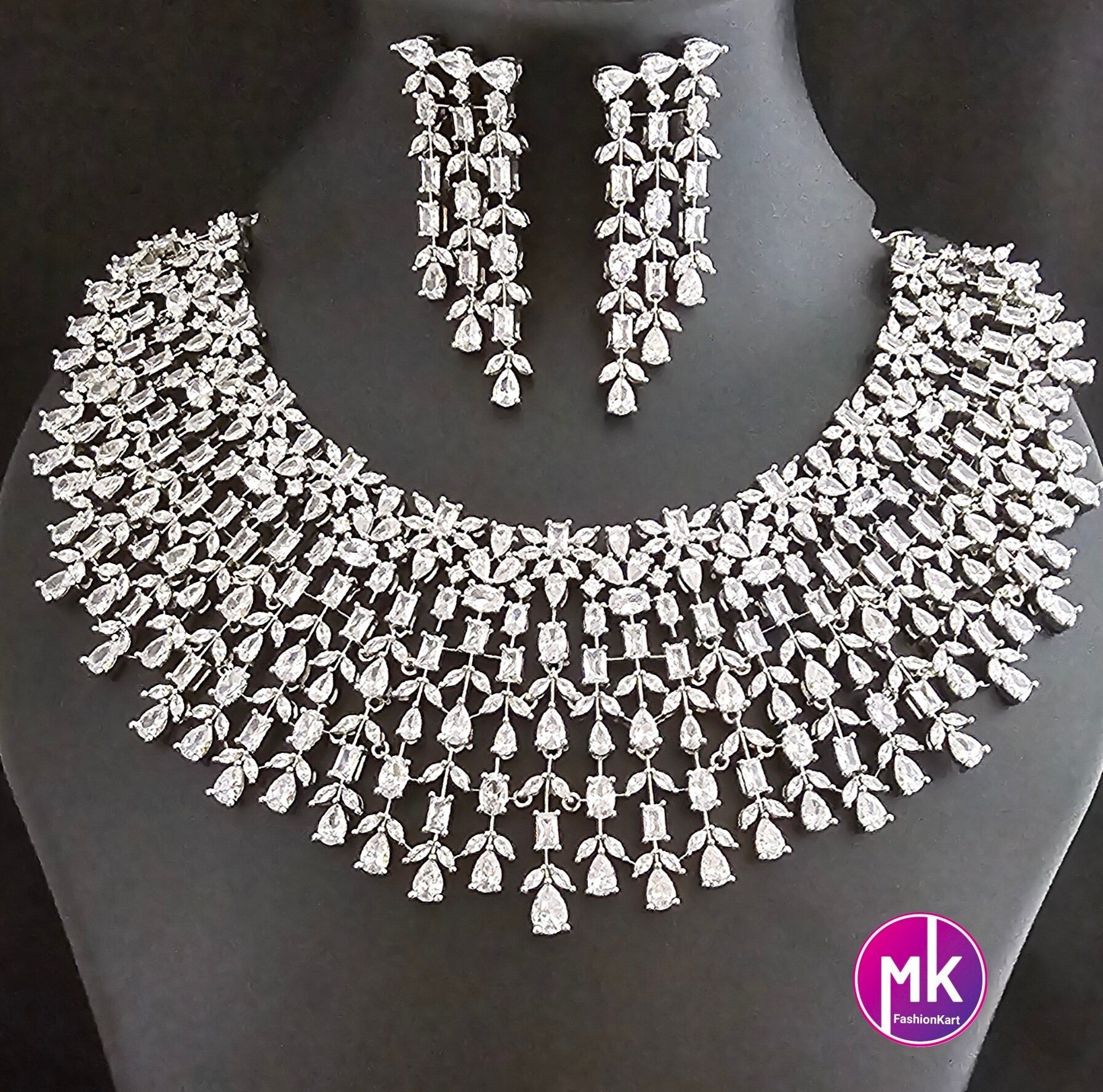 Gorgeous Silver Finish AD Stone Bridal Necklace with matching long Earrings - Prom Necklace -  Diamond Jewelry Replica