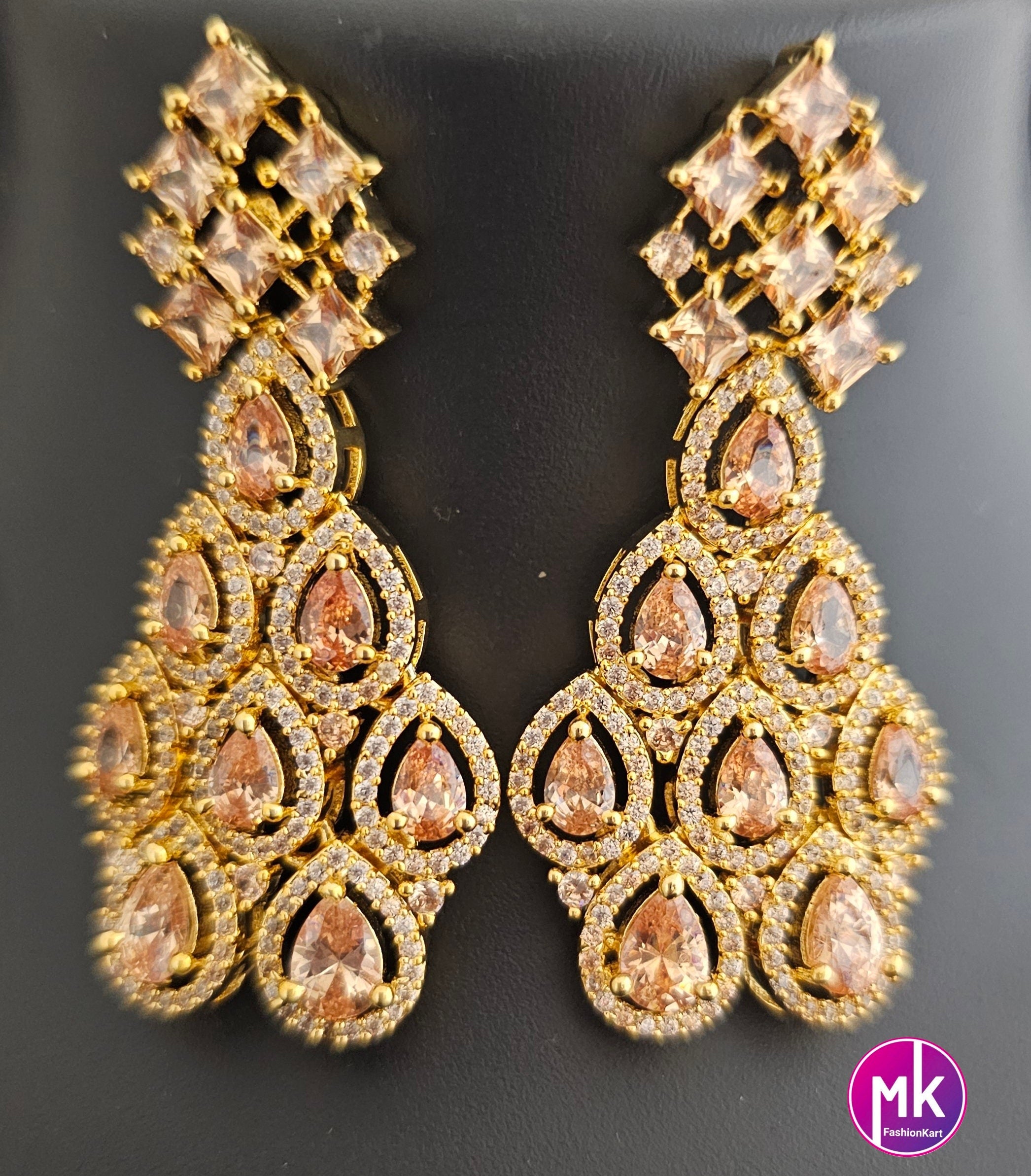 Premium Gold Finish AD Stone Bridal Necklace with AD Stone and matching Earrings - Prom Necklace - Gold Jewelry Replica