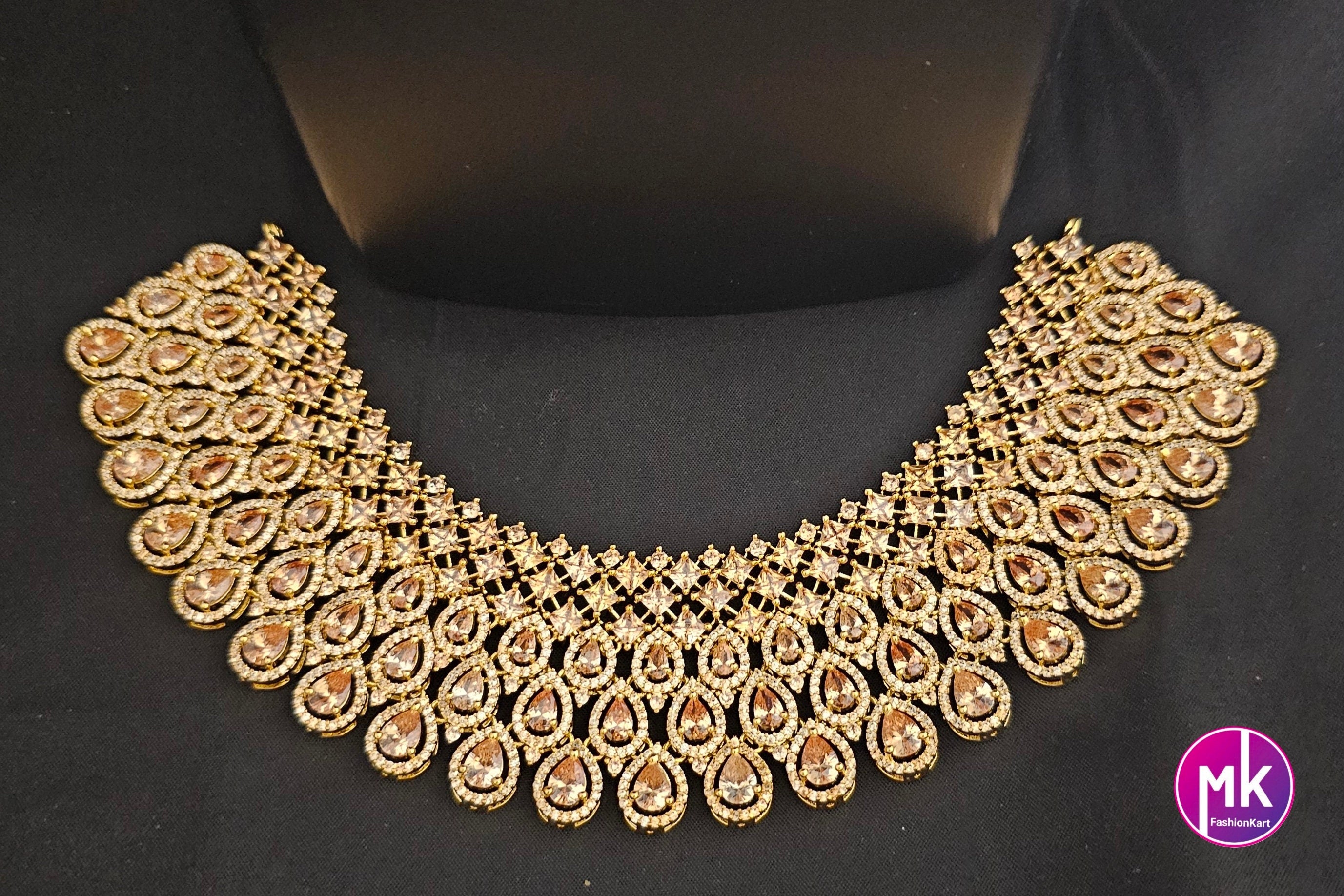 Premium Gold Finish AD Stone Bridal Necklace with AD Stone and matching Earrings - Prom Necklace - Gold Jewelry Replica