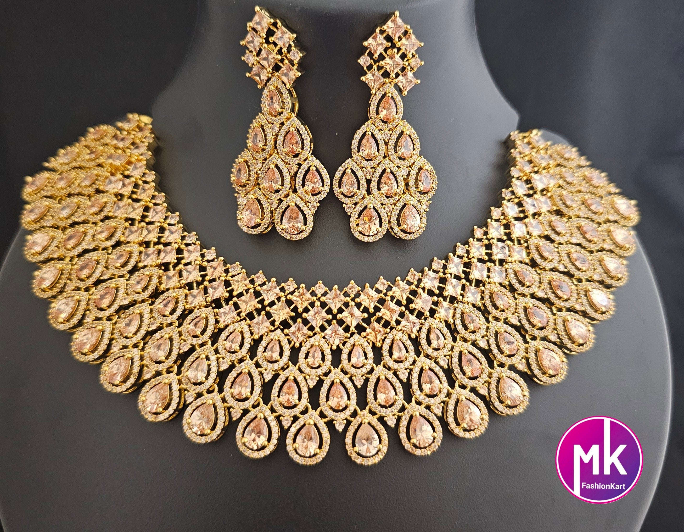 Premium Gold Finish AD Stone Bridal Necklace with AD Stone and matching Earrings - Prom Necklace - Gold Jewelry Replica