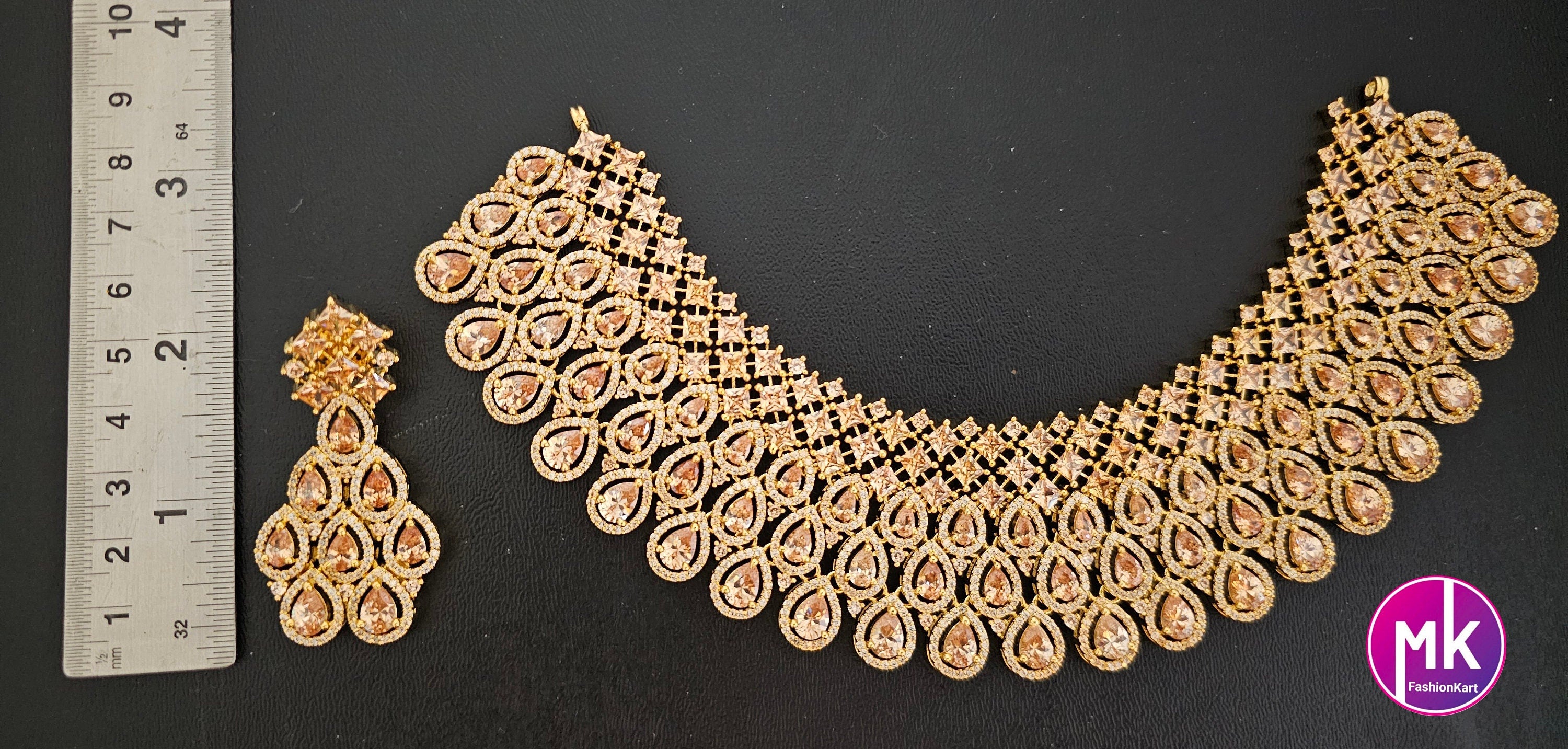 Premium Gold Finish AD Stone Bridal Necklace with AD Stone and matching Earrings - Prom Necklace - Gold Jewelry Replica