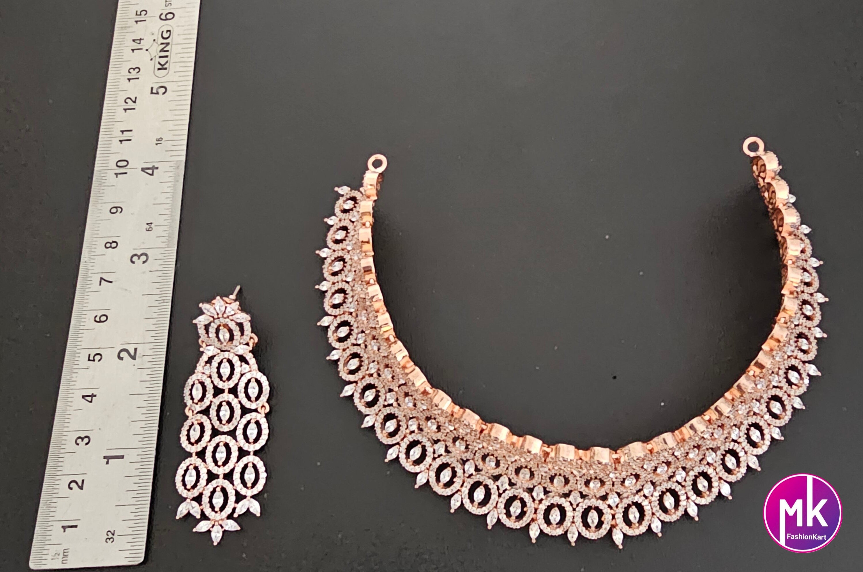 Rose gold Gorgeous AD Stone Bridal Choker and matching long Earrings - Prom Necklace -  Gold Replica