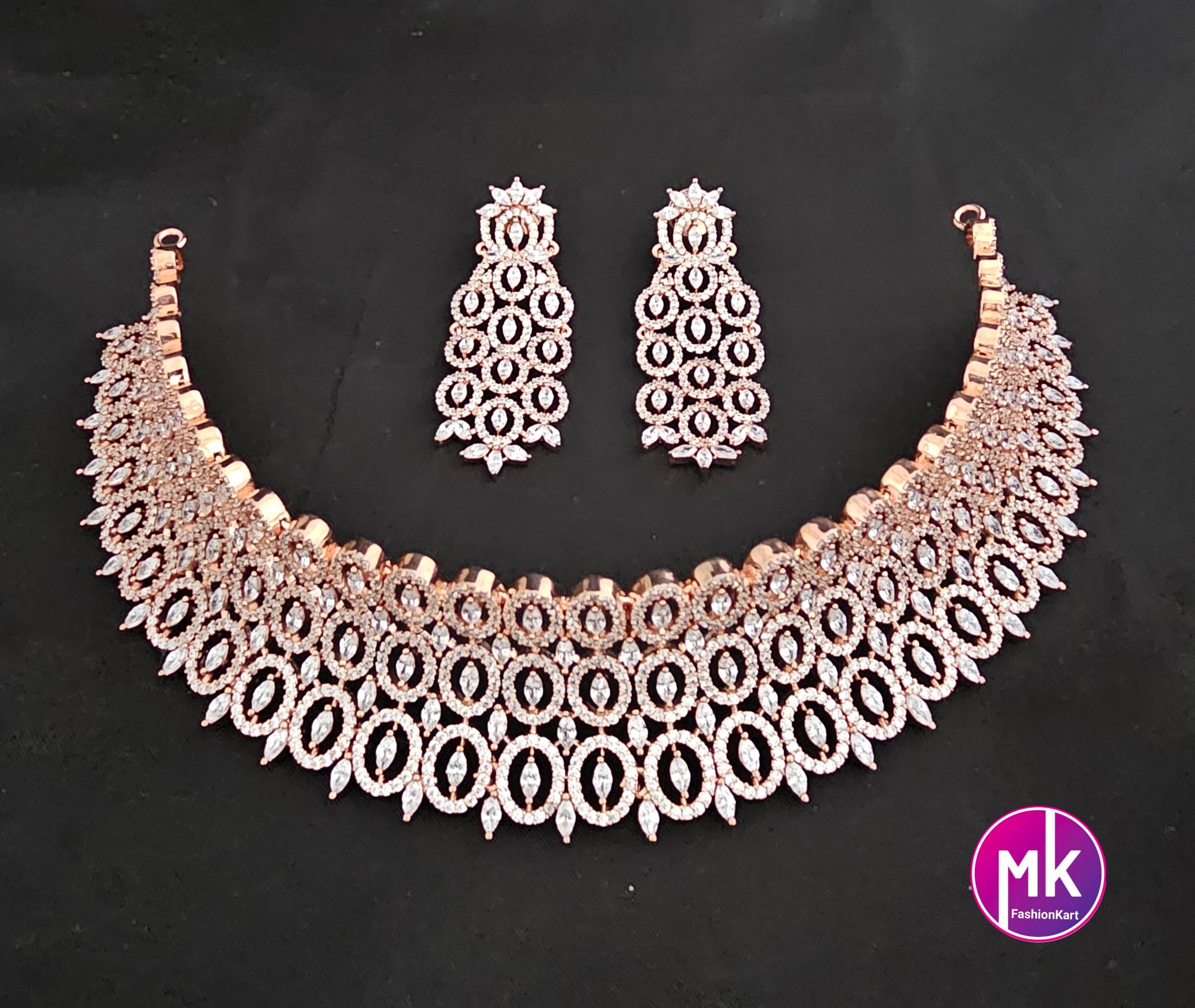 Rose gold Gorgeous AD Stone Bridal Choker and matching long Earrings - Prom Necklace -  Gold Replica