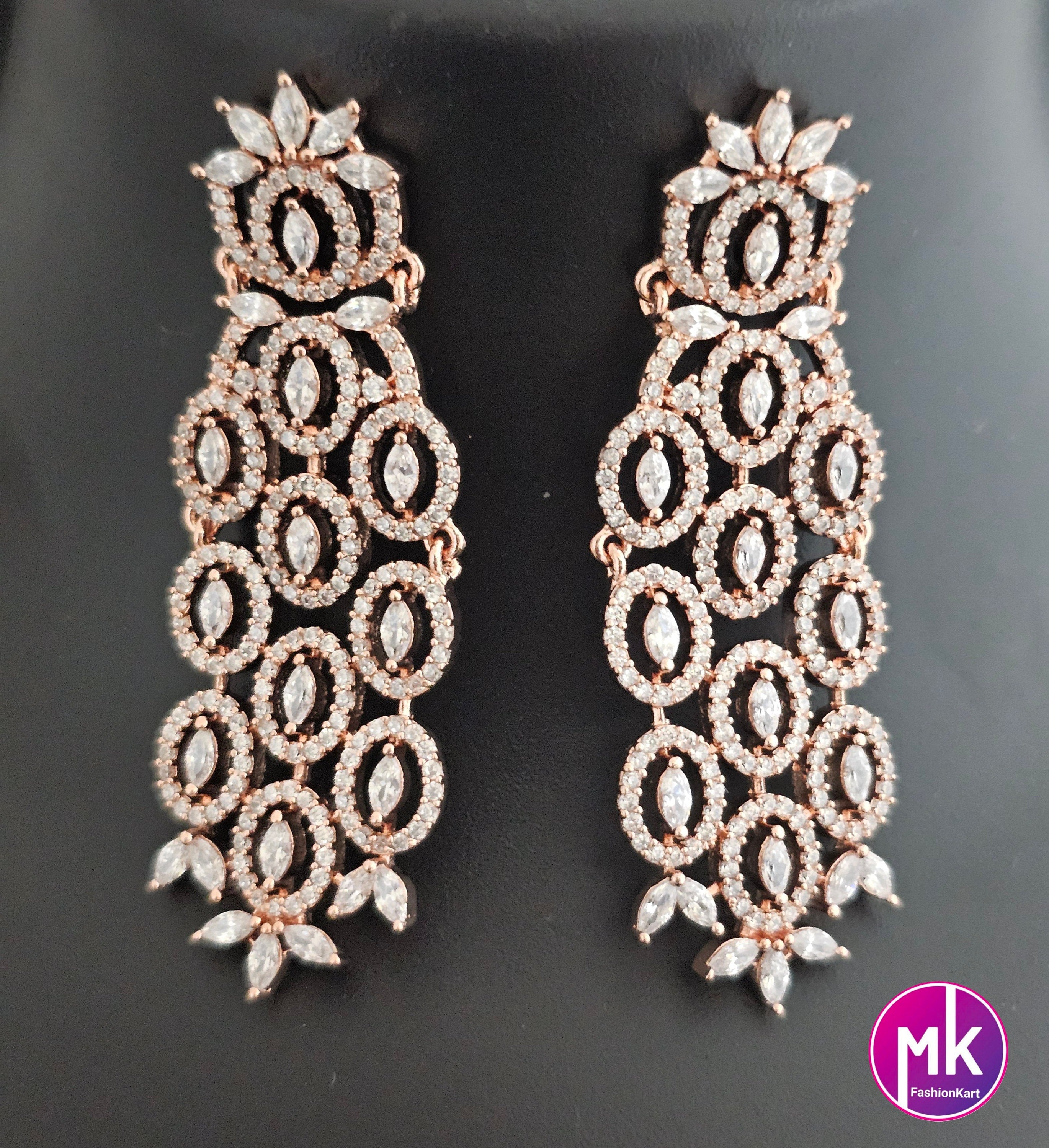 Rose gold Gorgeous AD Stone Bridal Choker and matching long Earrings - Prom Necklace -  Gold Replica