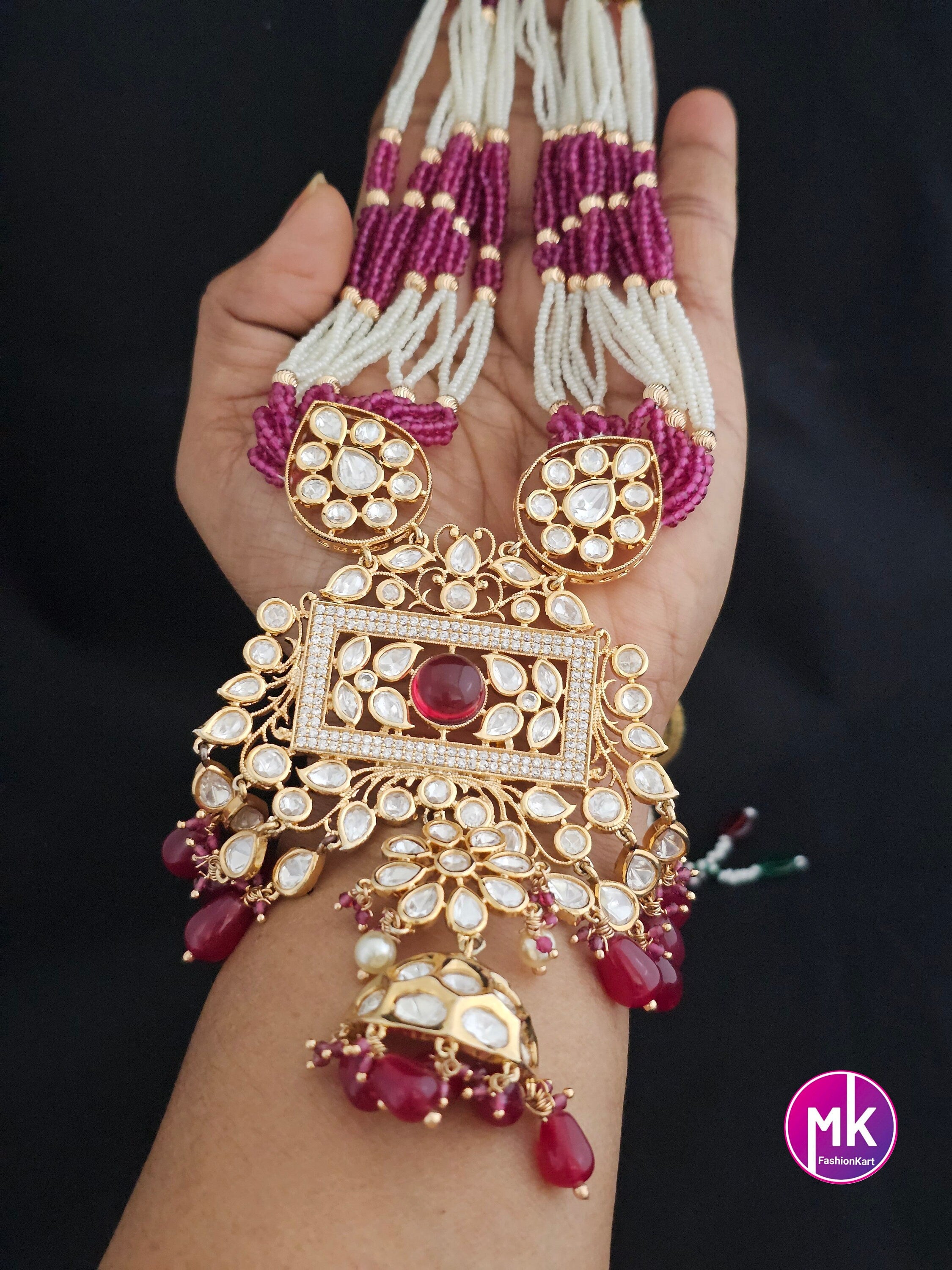 Premium Quality Gold polish Kundan Polki Bridal Piroyi pearl Mala with Beautiful long polki Earrings