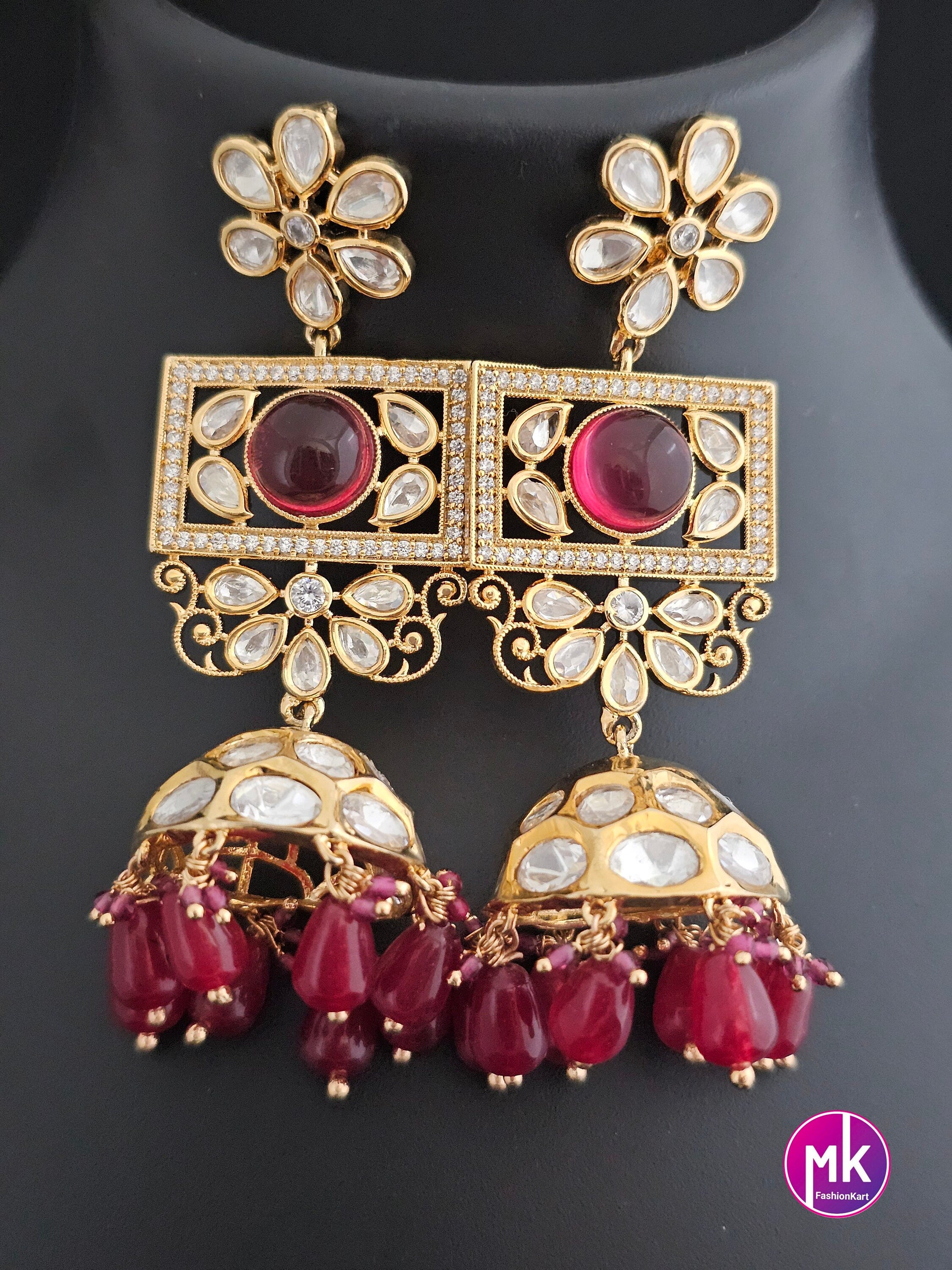 Premium Quality Gold polish Kundan Polki Bridal Piroyi pearl Mala with Beautiful long polki Earrings