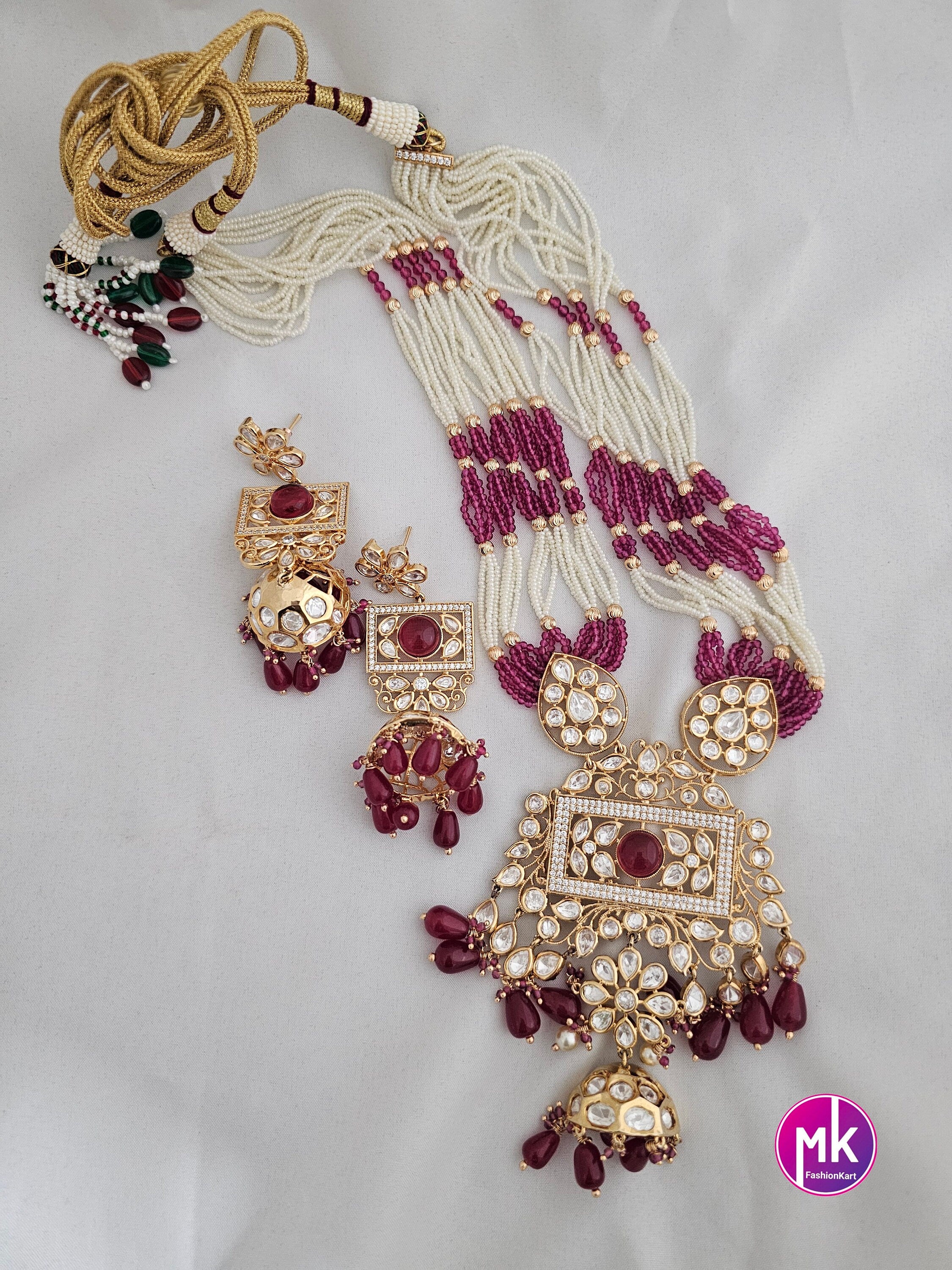 Premium Quality Gold polish Kundan Polki Bridal Piroyi pearl Mala with Beautiful long polki Earrings