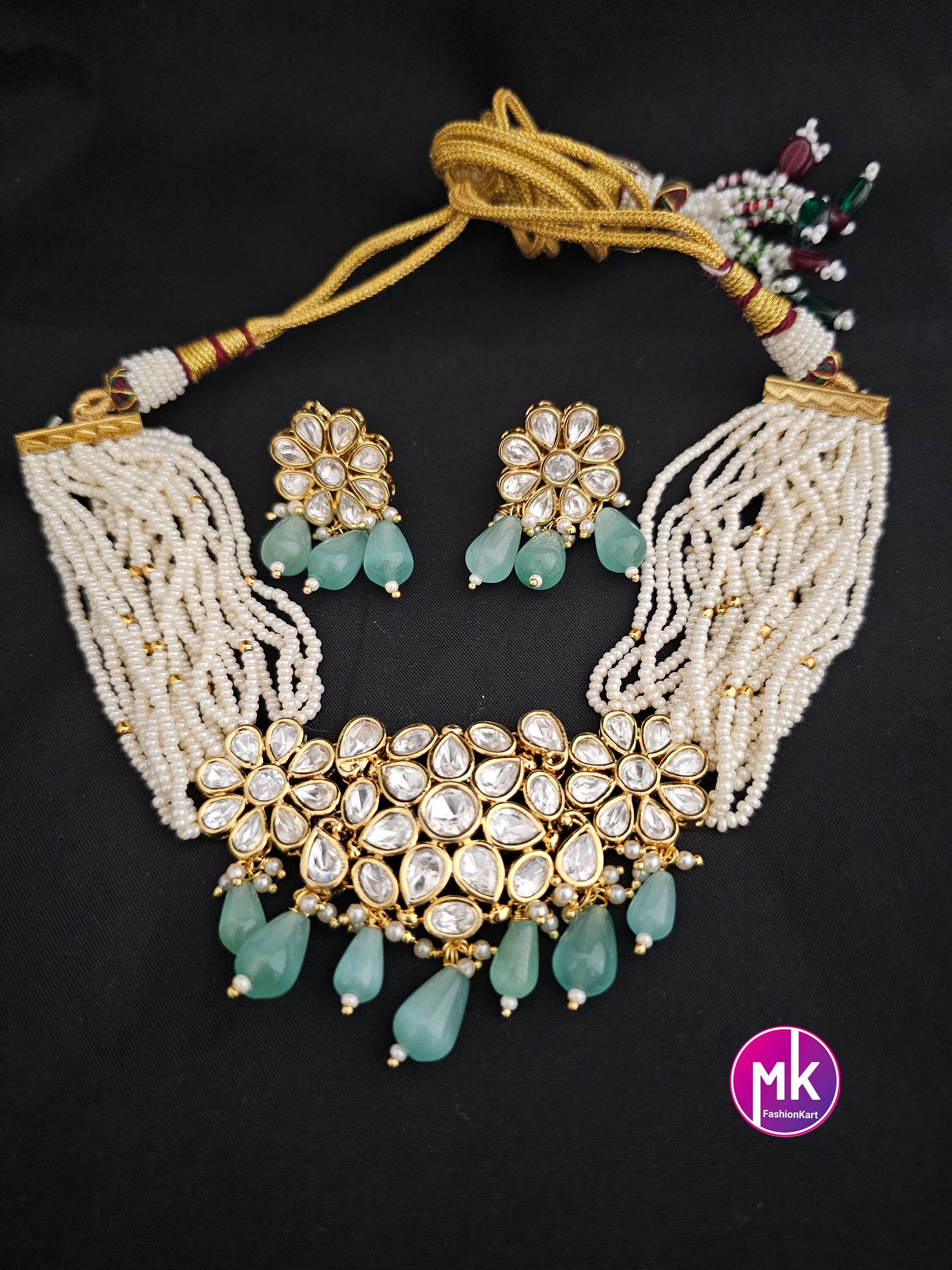 Premium Quality Gold polish Kundan Polki Bridal Choker with hanging monalisa beads with Beautiful polki Earrings