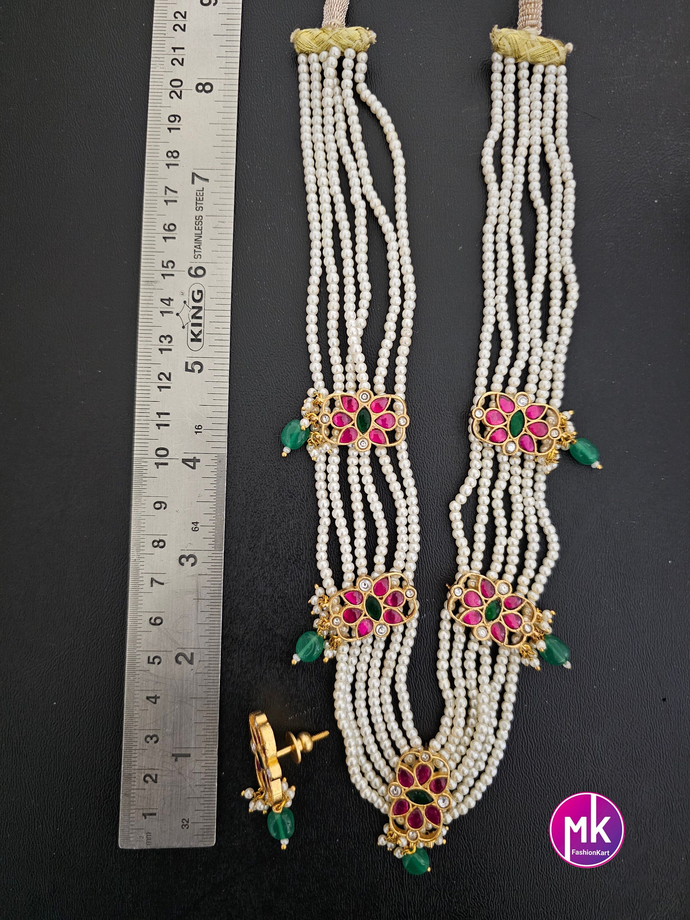 Jadau Kundan Flower Premium Quality Antique Finish Precious pearl Bridal mala set with Jadau Kundan Earrings