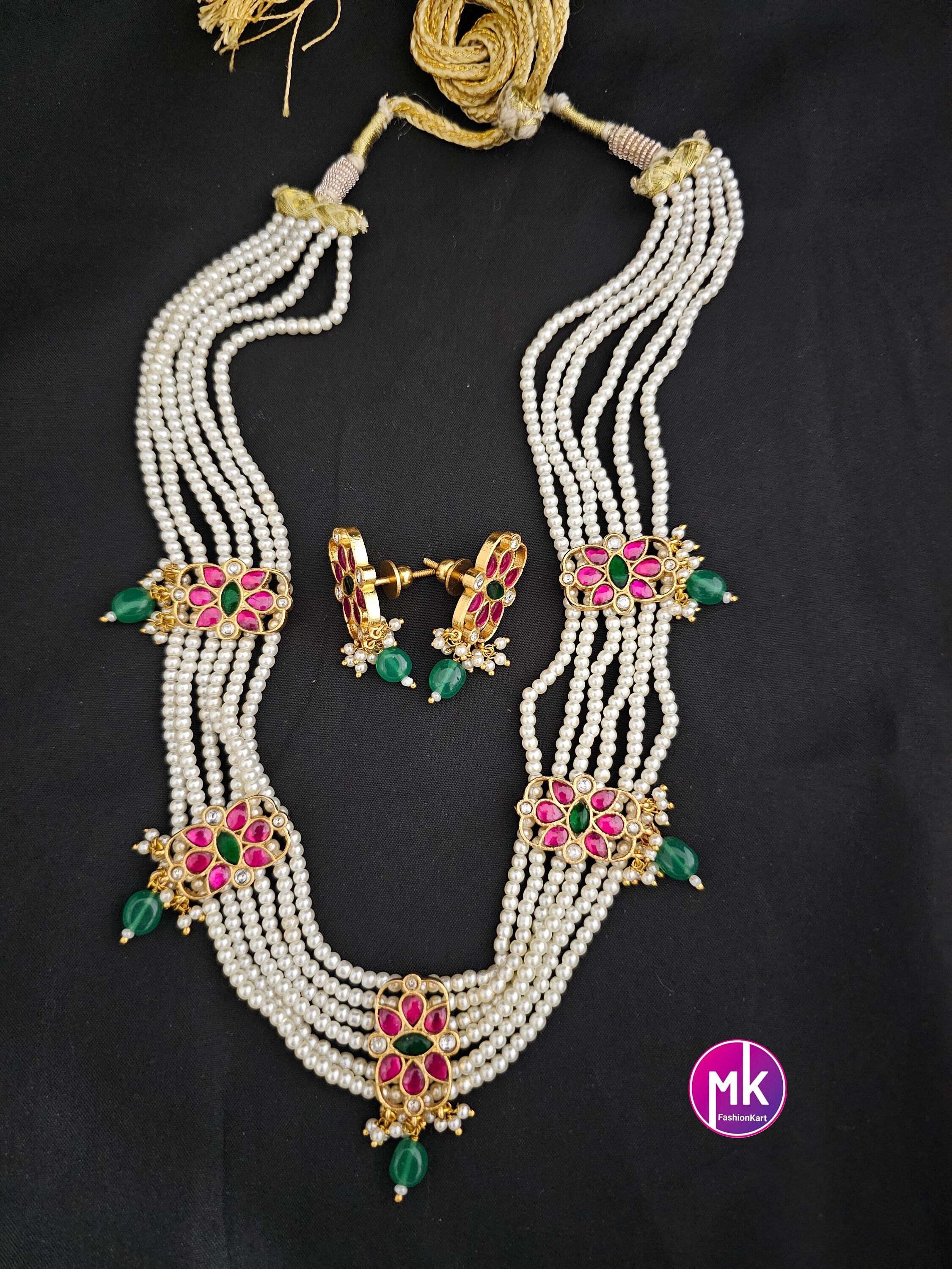 Jadau Kundan Flower Premium Quality Antique Finish Precious pearl Bridal mala set with Jadau Kundan Earrings