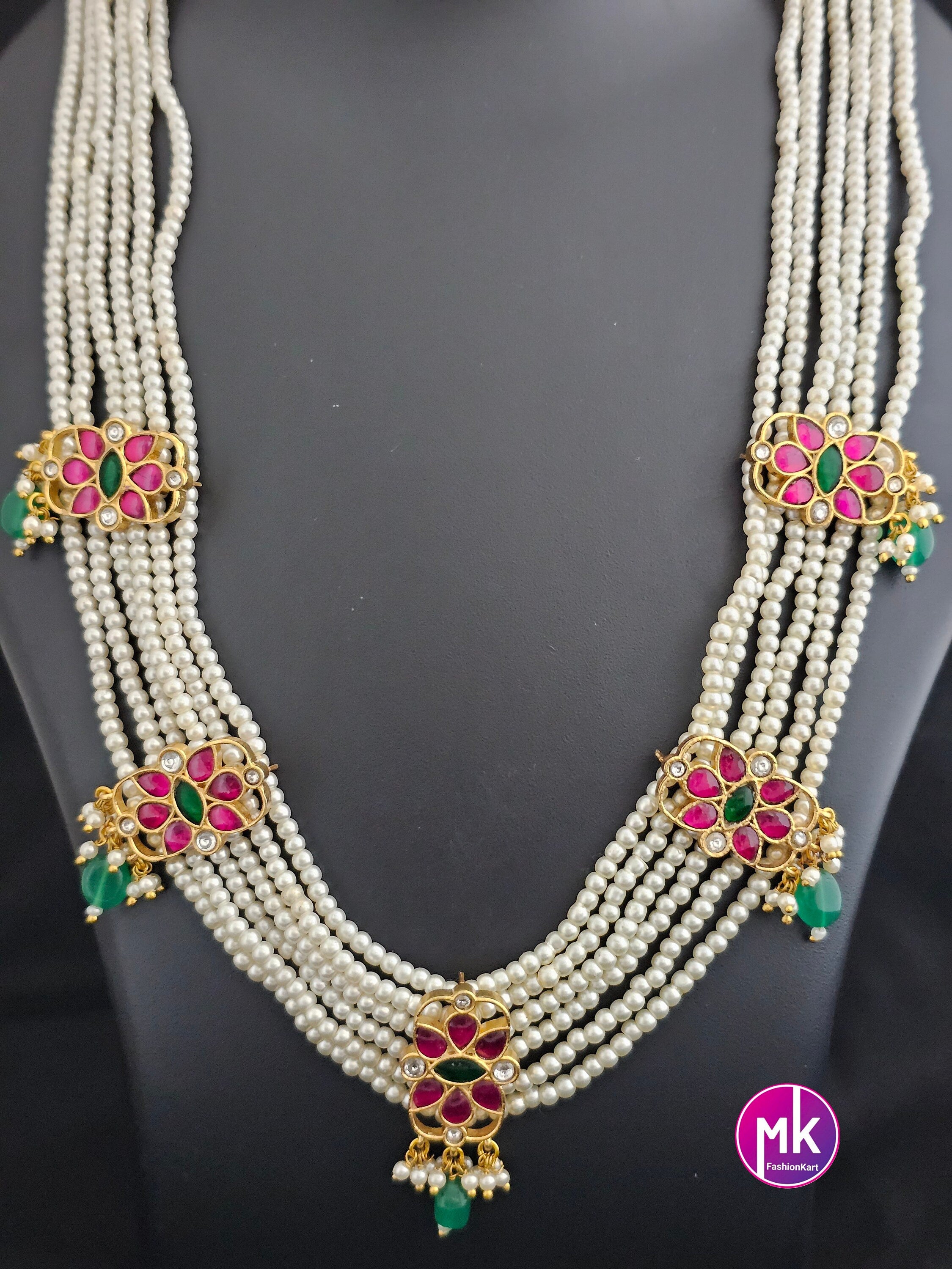 Jadau Kundan Flower Premium Quality Antique Finish Precious pearl Bridal mala set with Jadau Kundan Earrings
