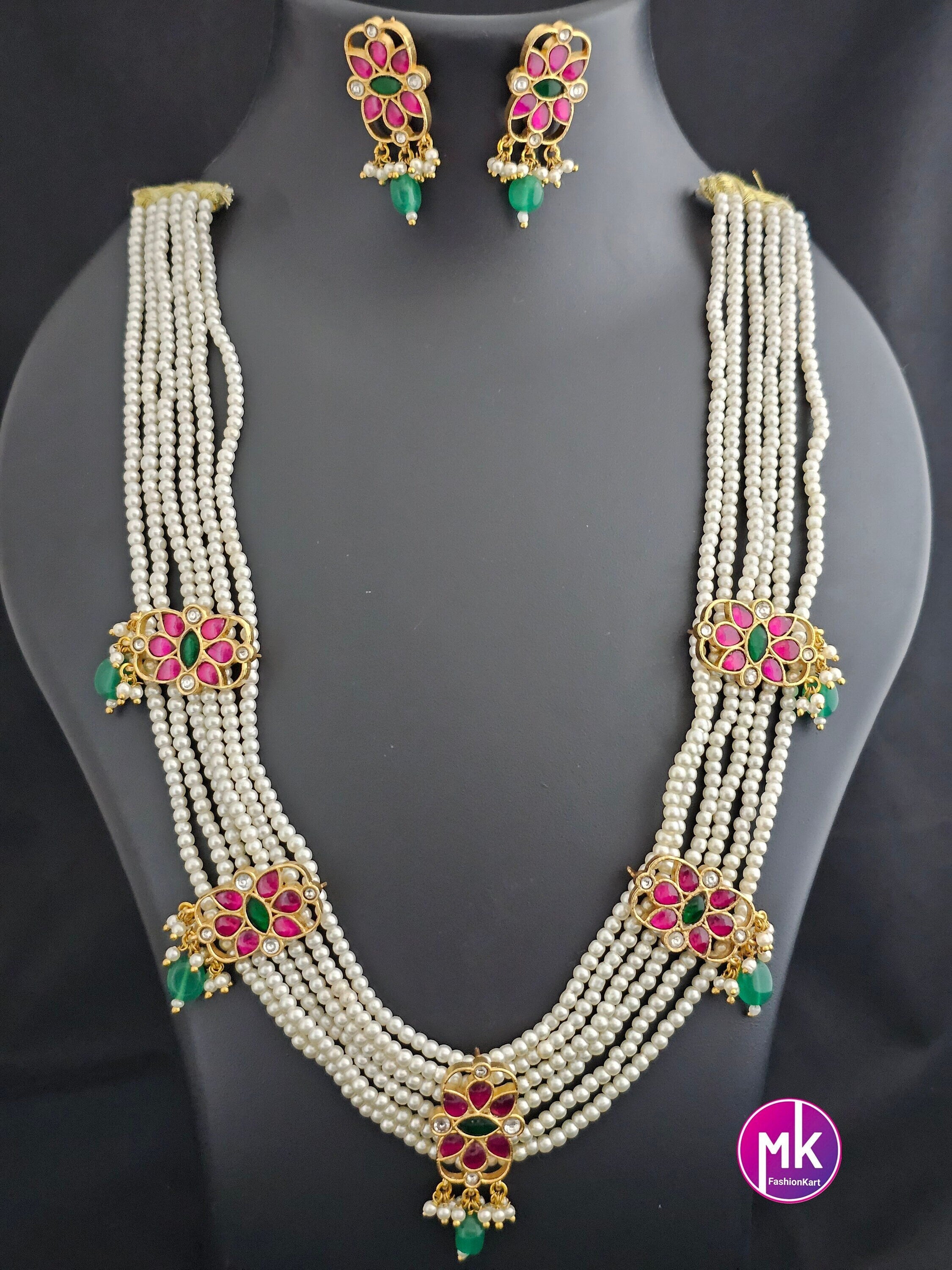 Jadau Kundan Flower Premium Quality Antique Finish Precious pearl Bridal mala set with Jadau Kundan Earrings