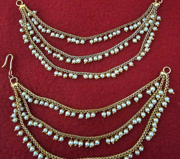 Gold finish Jhumka Chain/Earring chain /Earring Mattal/Matti - Three layer pearl Mattal/Matti/Kaan chain