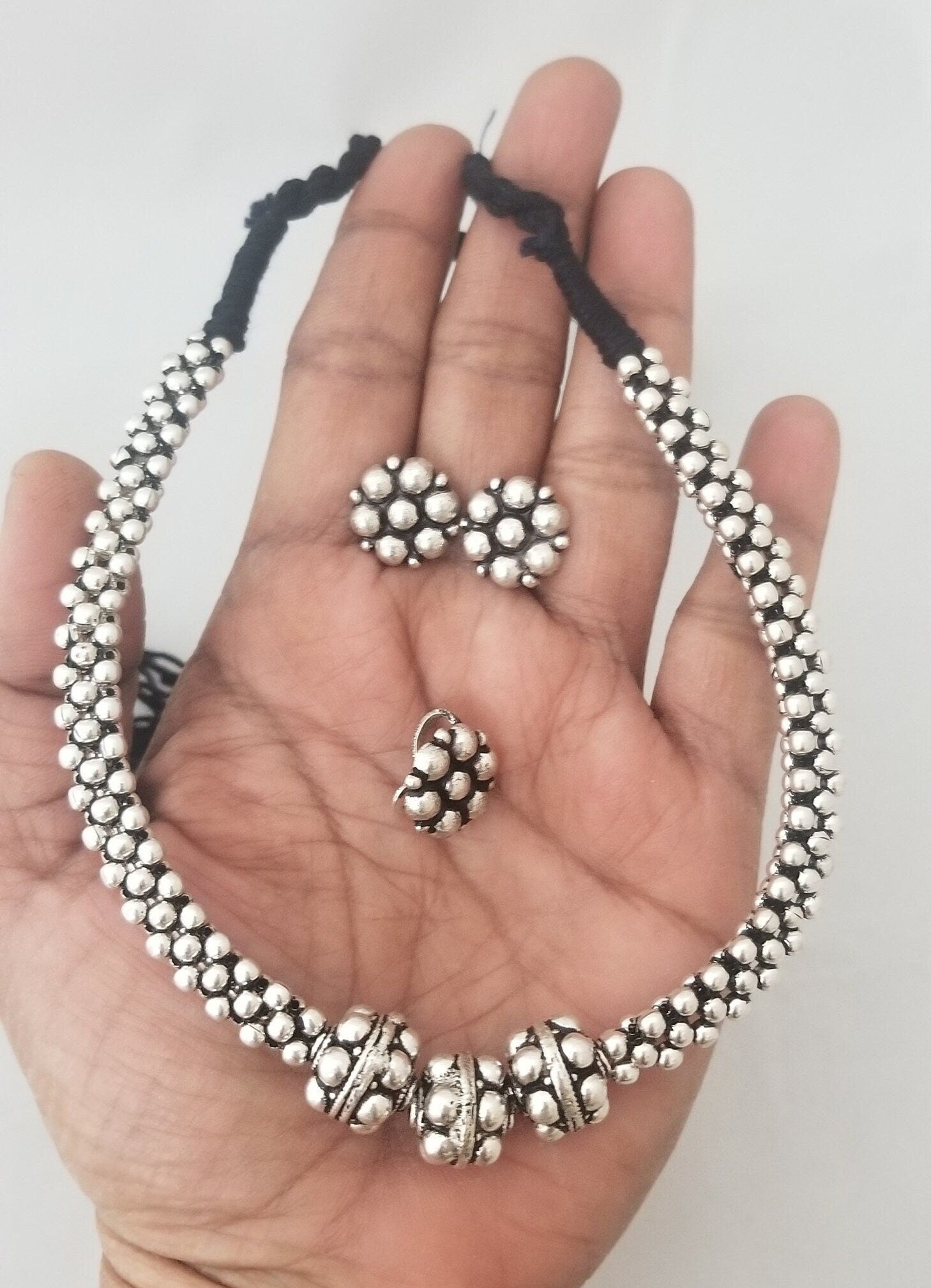 Premium quality Antique Silver Choker with matching Earrings and nose pin