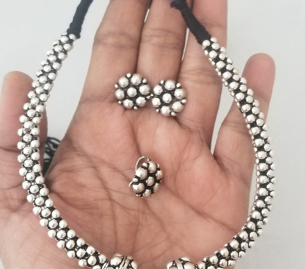 Premium quality Antique Silver Choker with matching Earrings and nose pin