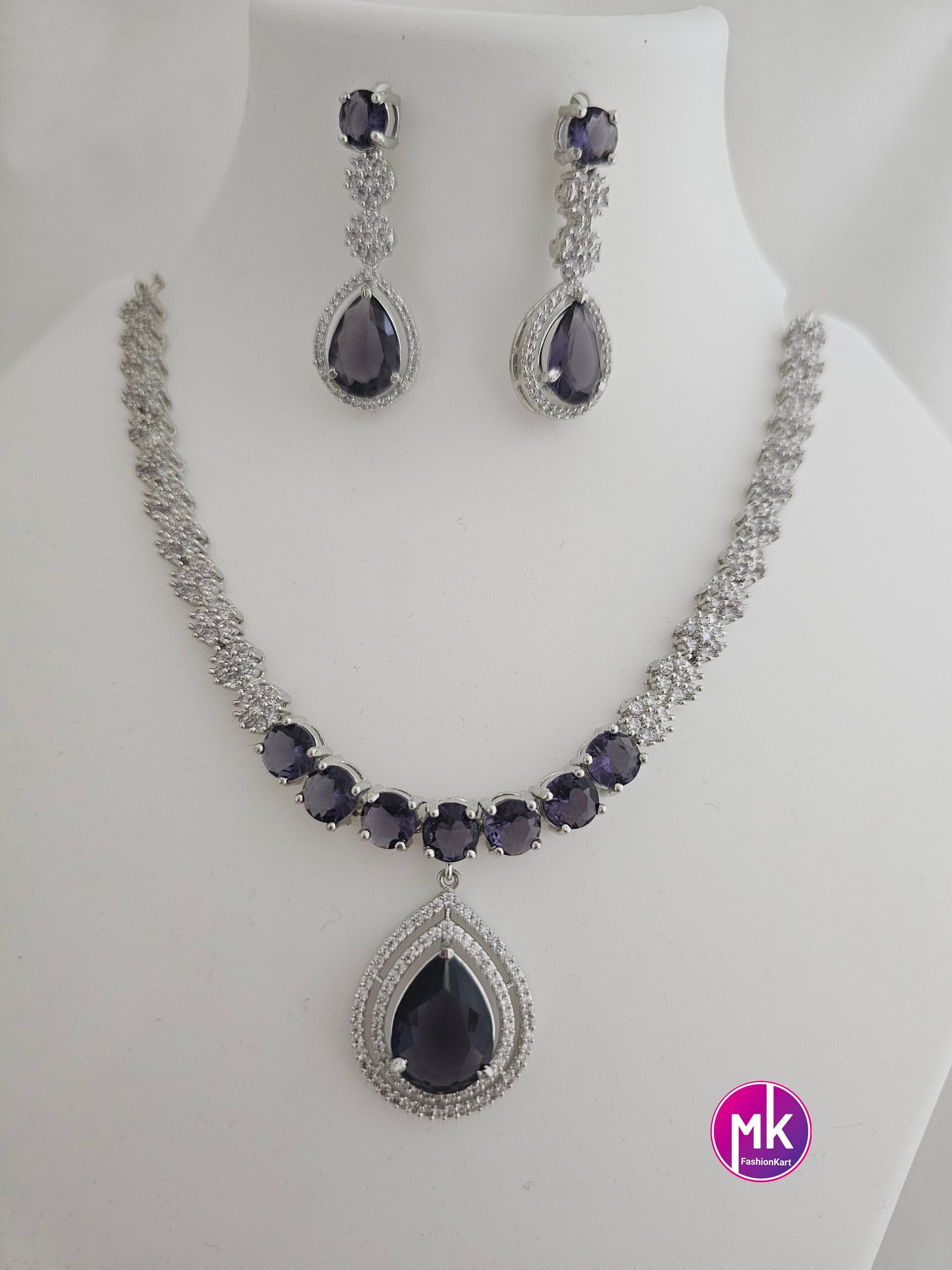 American Diamond Silver Finish AD Stone Purple Necklace with matching Earrings - Prom Necklace -  Diamond Jewelry Replica
