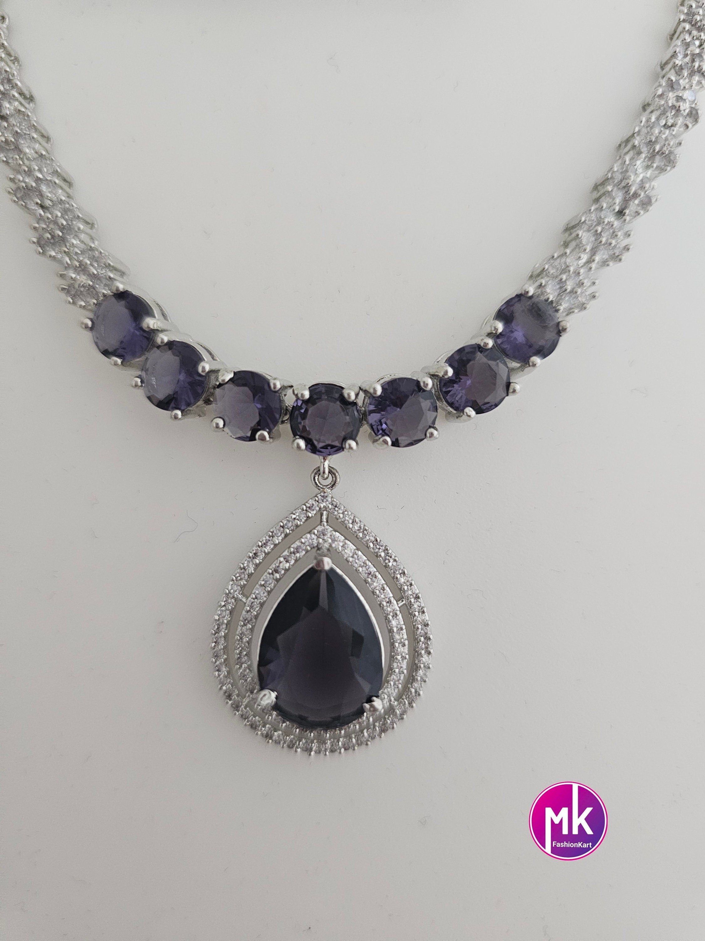 American Diamond Silver Finish AD Stone Purple Necklace with matching Earrings - Prom Necklace -  Diamond Jewelry Replica