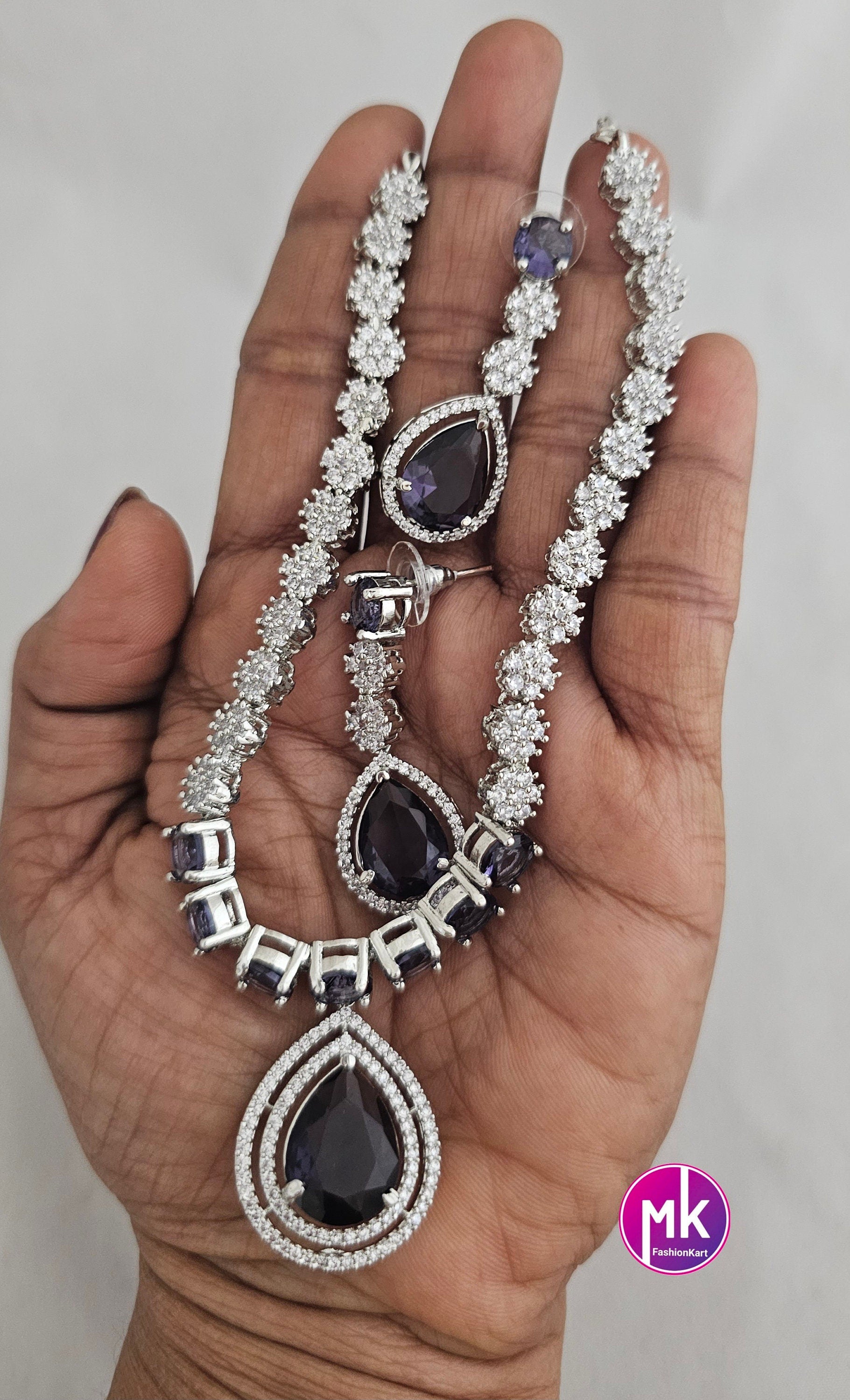 American Diamond Silver Finish AD Stone Purple Necklace with matching Earrings - Prom Necklace -  Diamond Jewelry Replica