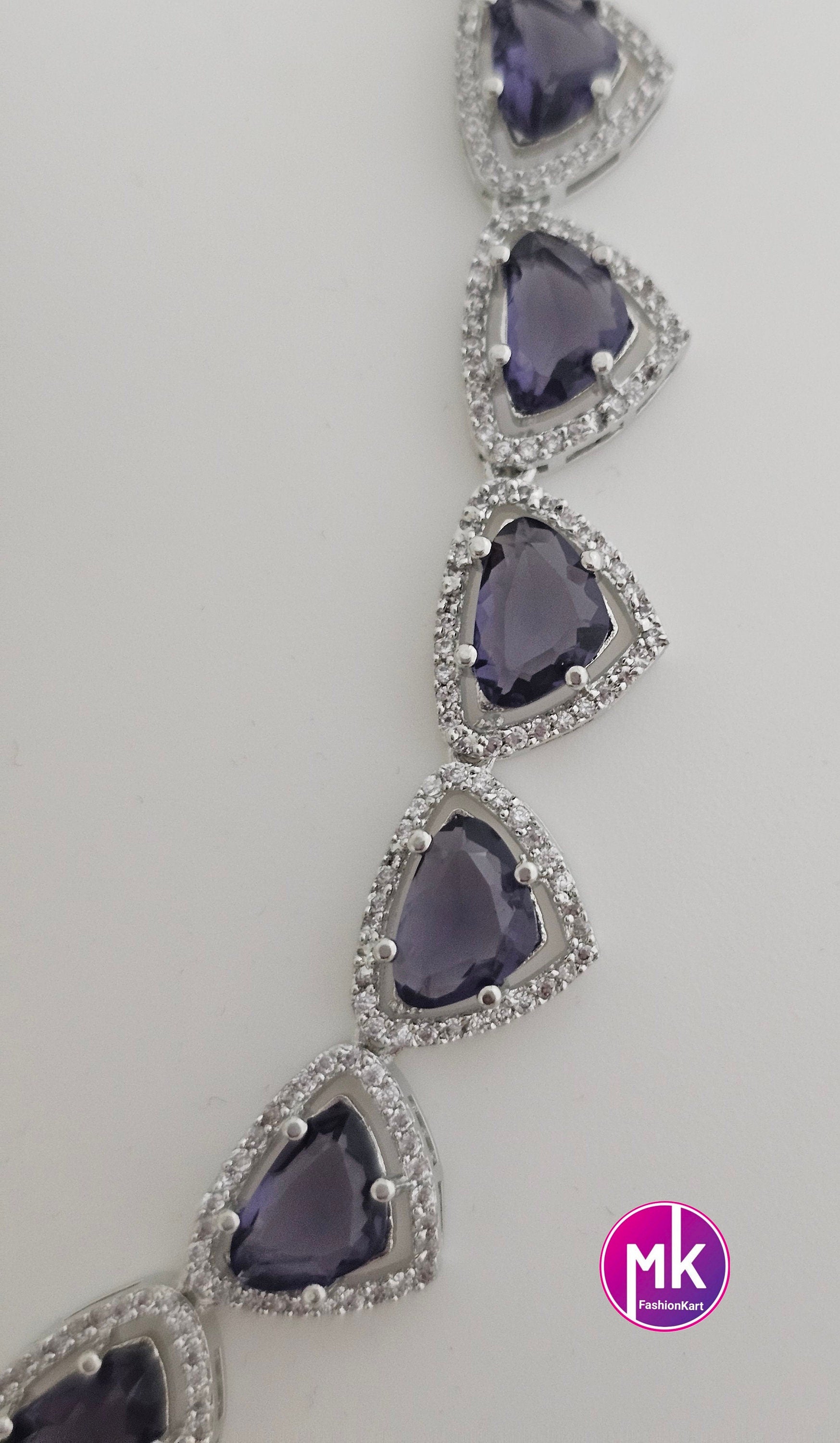 American Diamond Silver Finish AD Stone Purple Necklace with matching Earrings - Prom Necklace -  Diamond Jewelry Replica