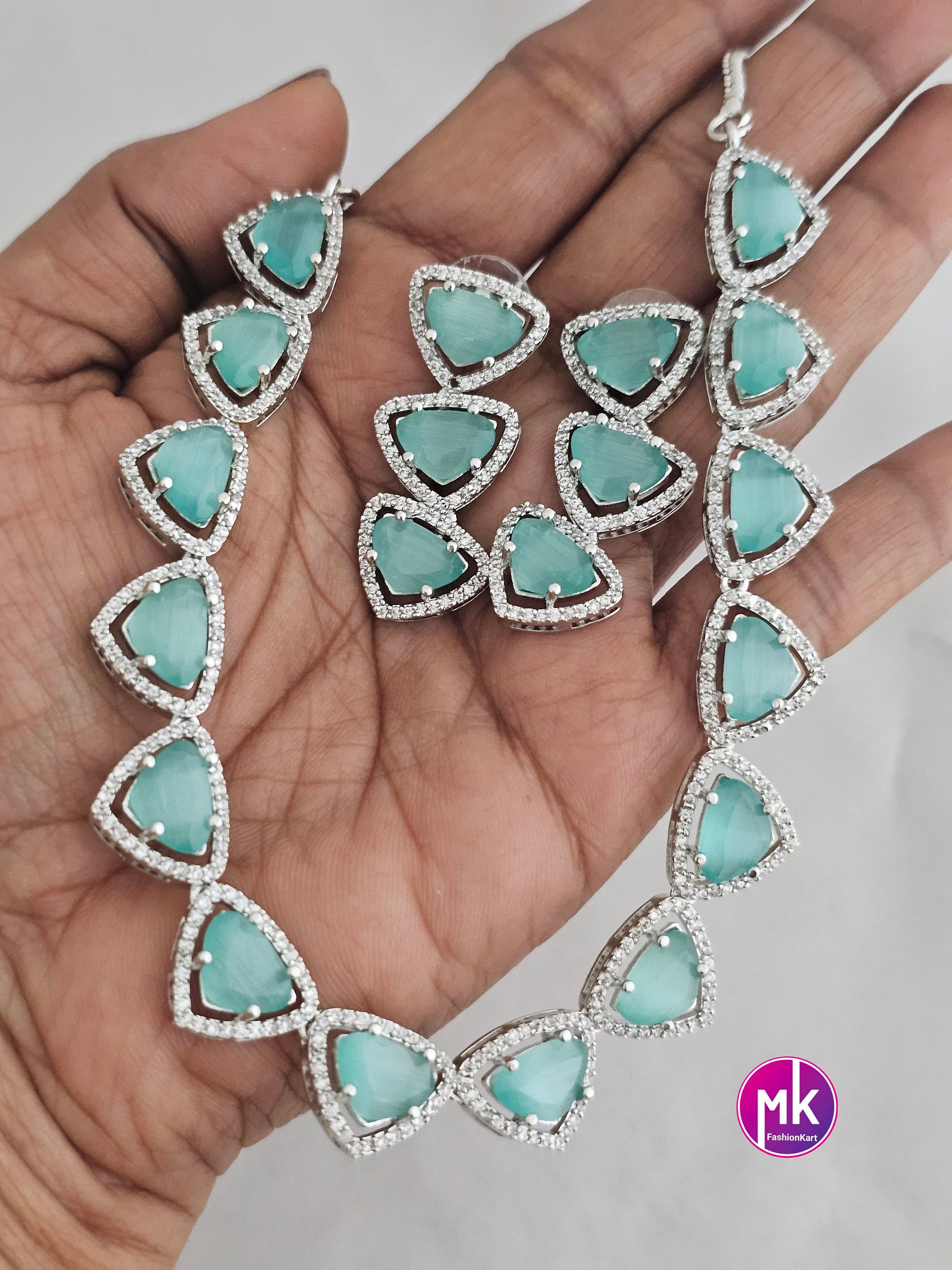 American Diamond Silver Finish AD Stone Teel Green Necklace with Earrings - Prom Necklace -  Diamond Jewelry Replica