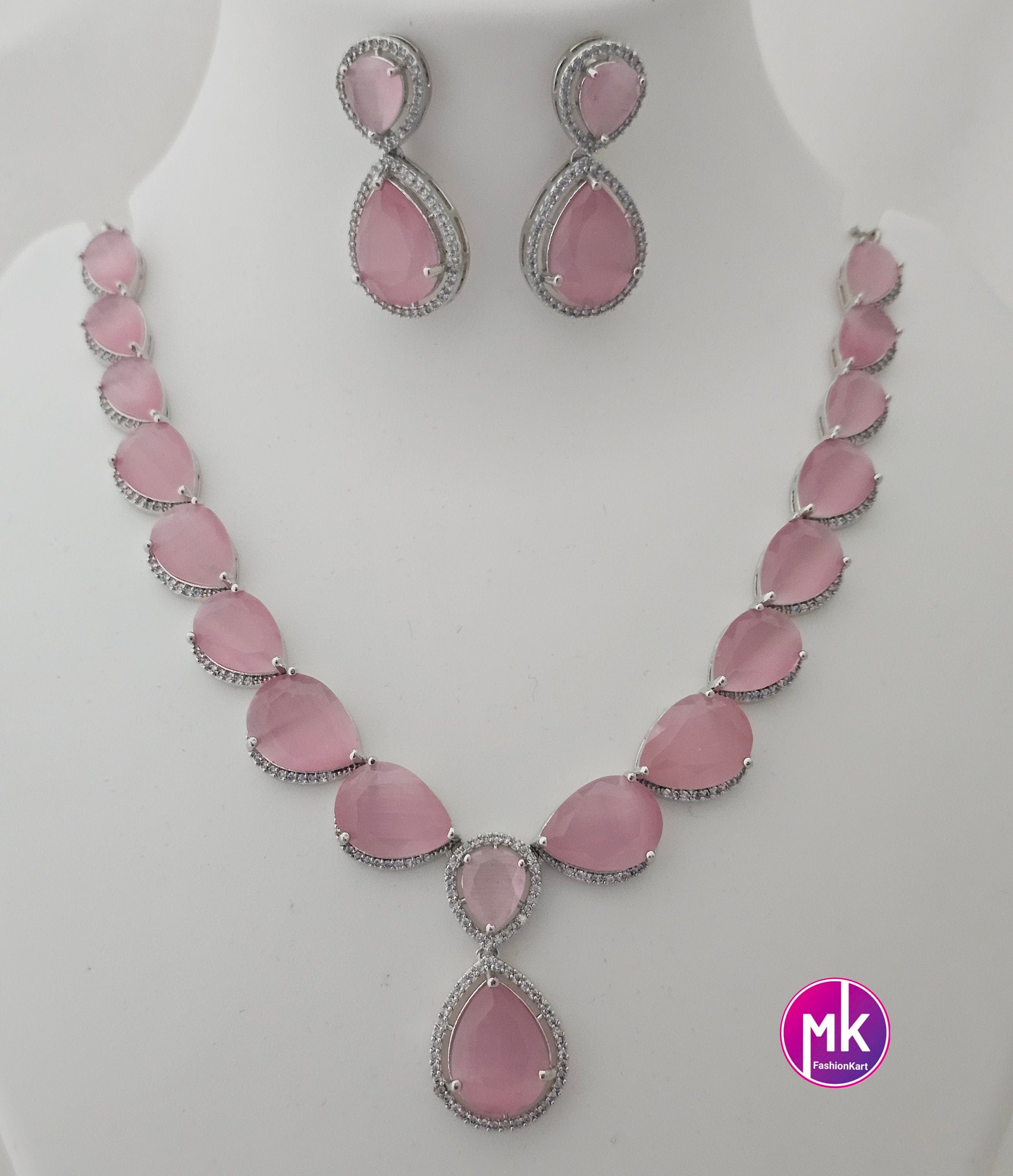 American Diamond Silver Finish AD Stone Baby pink Necklace with Earrings - Prom Necklace -  Diamond Jewelry Replica