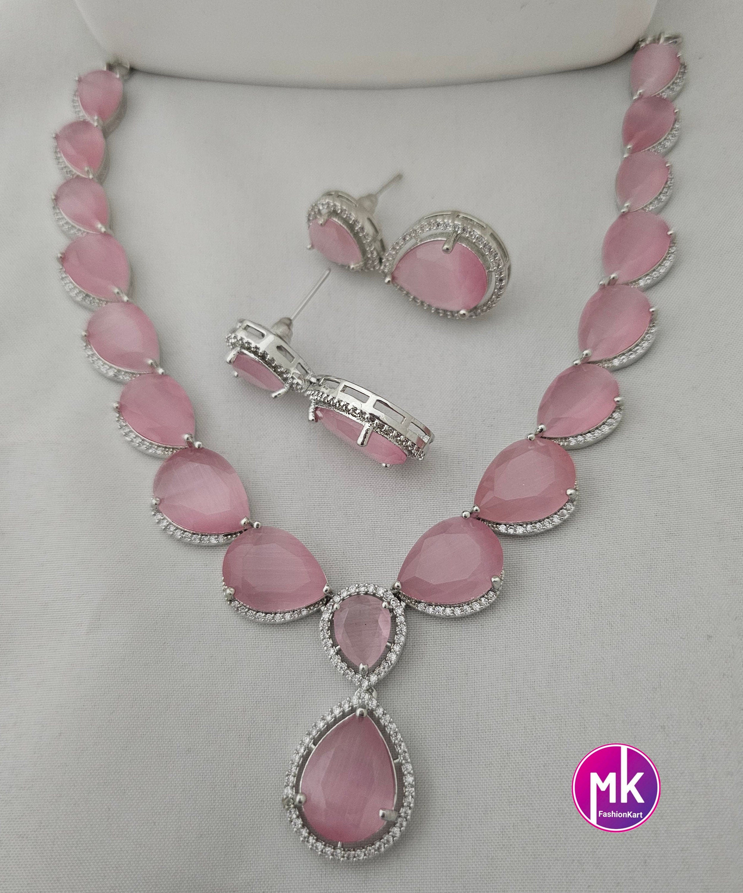 American Diamond Silver Finish AD Stone Baby pink Necklace with Earrings - Prom Necklace -  Diamond Jewelry Replica