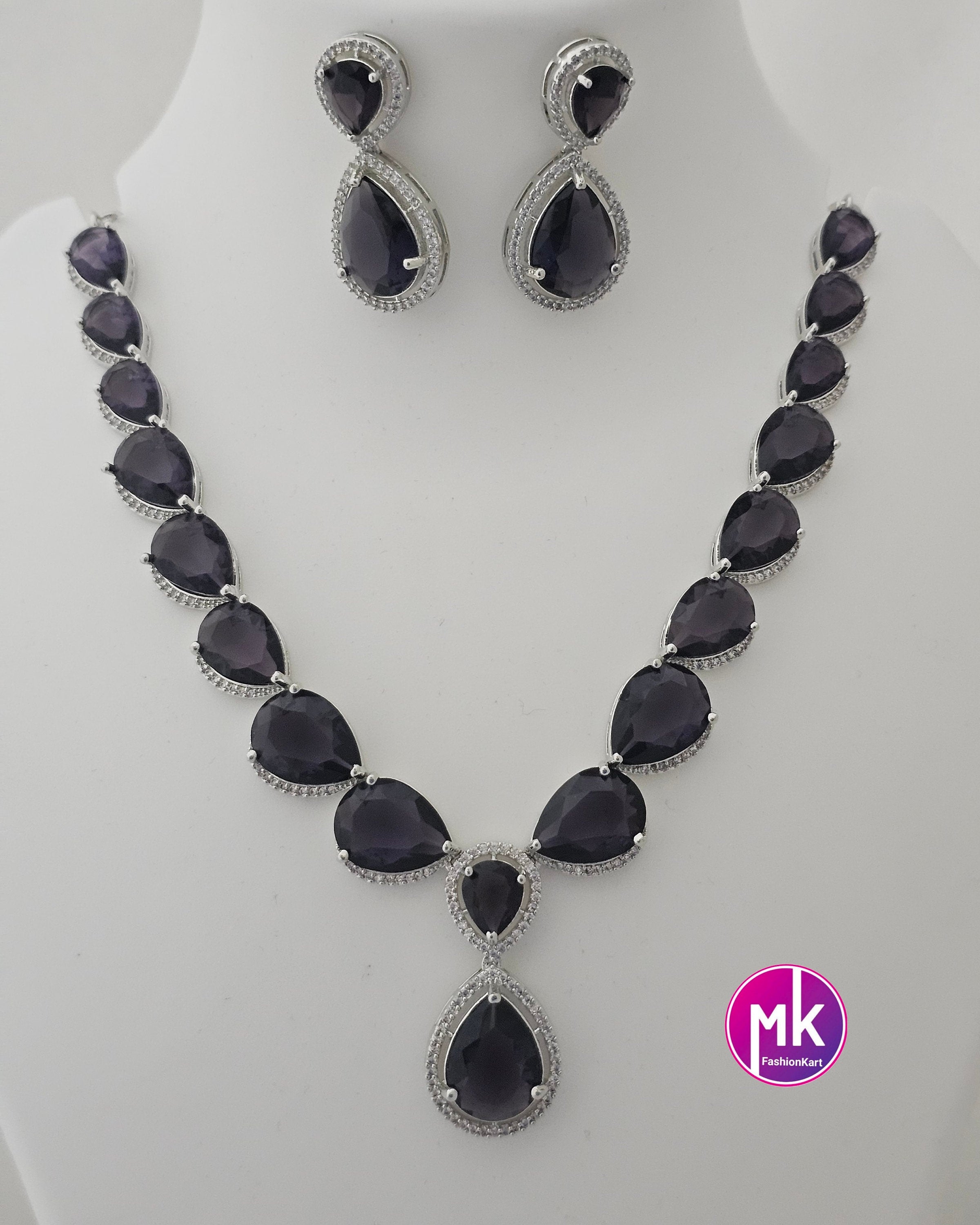 American Diamond Silver Finish AD Stone Purple Necklace with matching Earrings - Prom Necklace -  Diamond Jewelry Replica