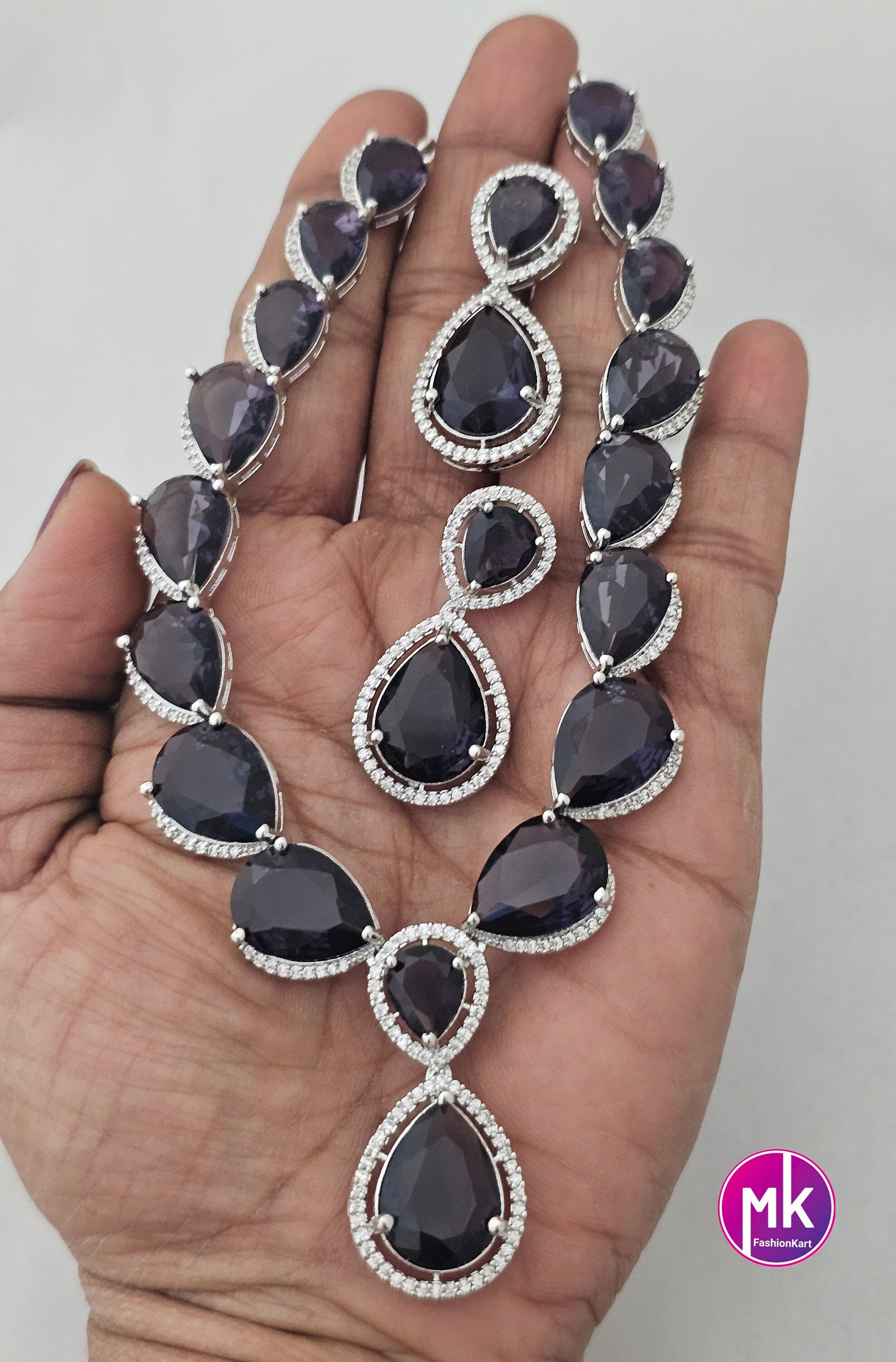 American Diamond Silver Finish AD Stone Purple Necklace with matching Earrings - Prom Necklace -  Diamond Jewelry Replica