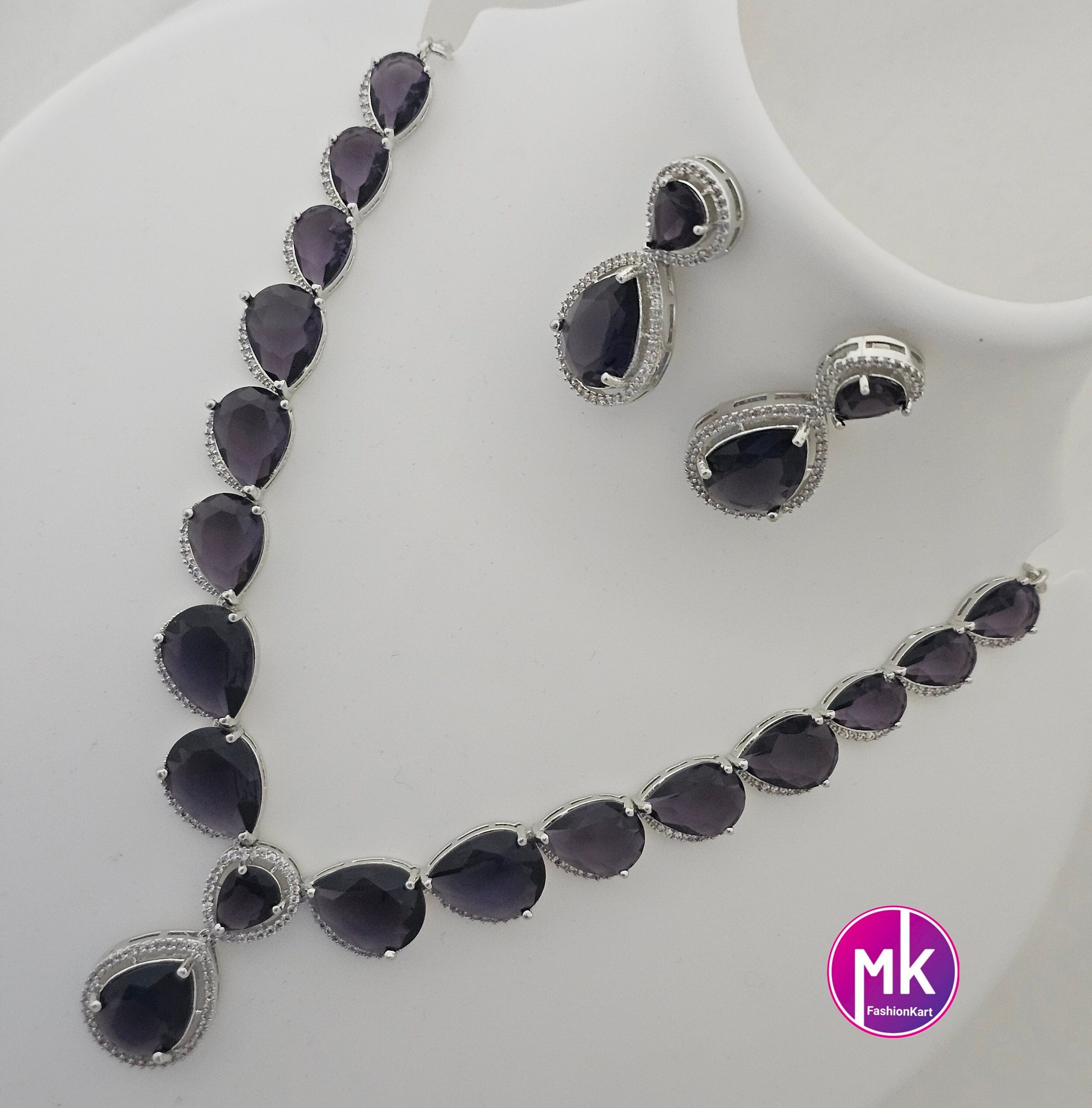American Diamond Silver Finish AD Stone Purple Necklace with matching Earrings - Prom Necklace -  Diamond Jewelry Replica