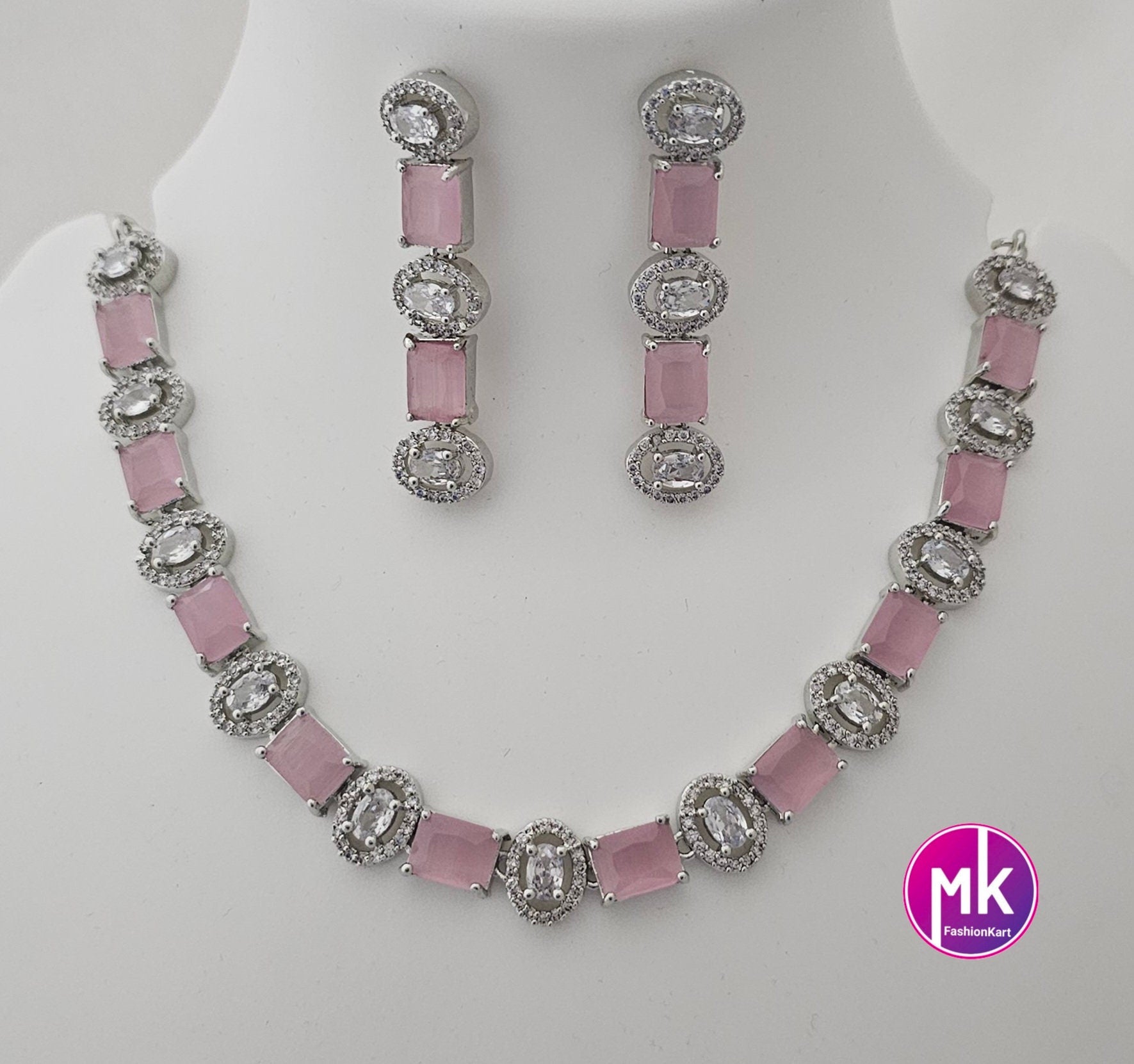 American Diamond Silver Finish CZ/AD Stone Baby pink Necklace with Earrings - Prom Necklace -  Diamond Jewelry Replica