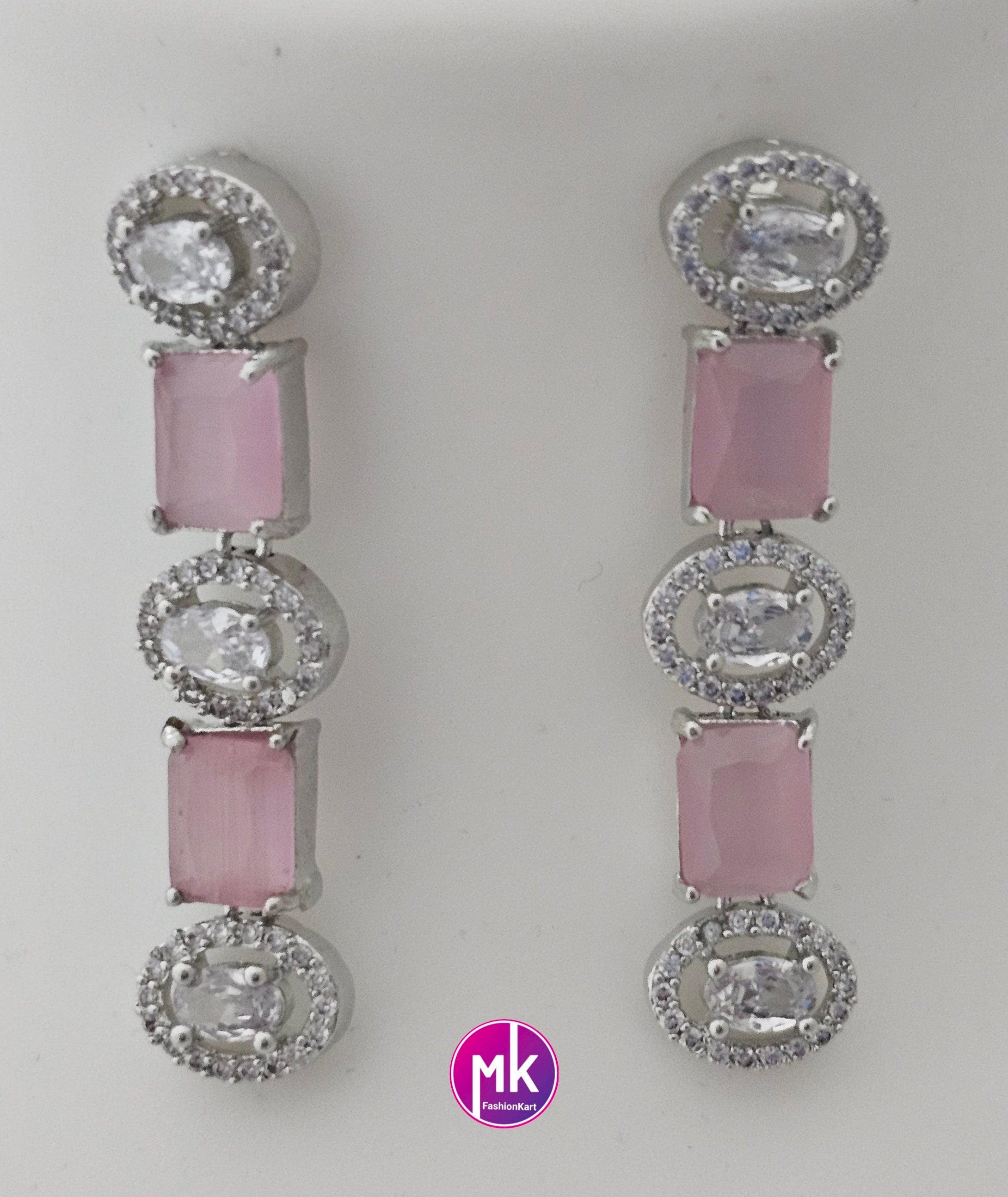 American Diamond Silver Finish CZ/AD Stone Baby pink Necklace with Earrings - Prom Necklace -  Diamond Jewelry Replica